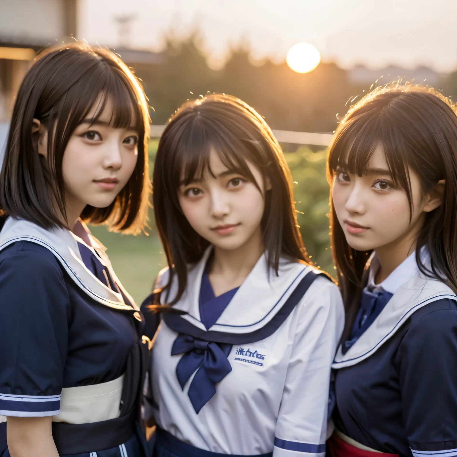Masterpiece, 4K, bokeh, school uniform, Beautiful girls, group photo, harem, multiple girls, (Japanese idle:1.6), Bob hair, close up, classroom, sunset, Looking at the viewer, cowboy shot