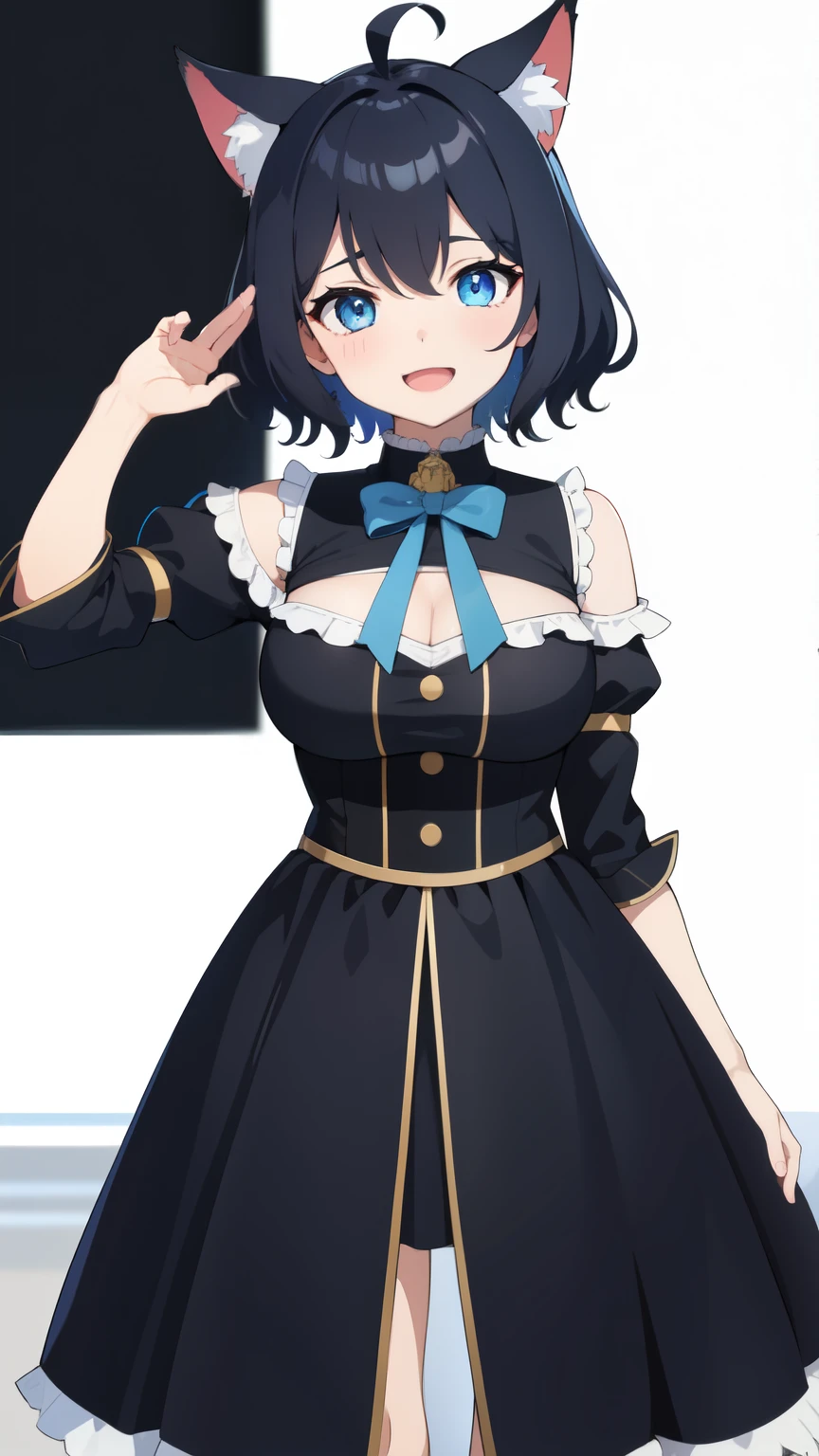 on lap,((((upright)))), ((((stand up)))), looking at the viewer, simple background、white background, 1 girl, open your mouth, smile, Virtual YouTuber、with a girl、((highest quality, expensive_solve, clear_image)),(black hair), (black cat ears), (Ahoge), (ridiculously short hair), (wavy hair), (blue eyes),、laughter、very big breasts、((concept art))、((front))、I can see the cleavage、Dressed sexy