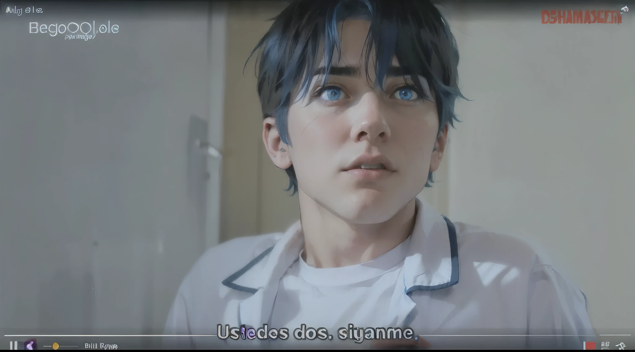 15 year old boy blue hair blue eyes amazed somewhat scared