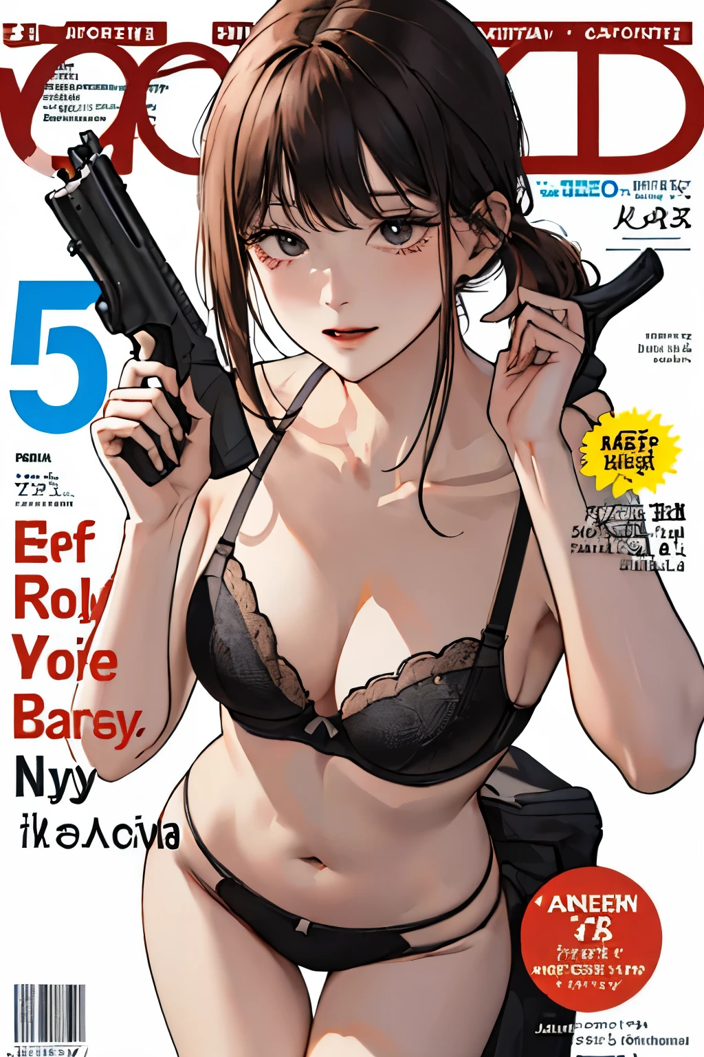 (masterpiece:1.2, highest quality), (very detailed:1.3), (magazine cover), 1 girl,  generations, small breasts, (black panties), (black bra),  (hold a gun), Severe, white background,