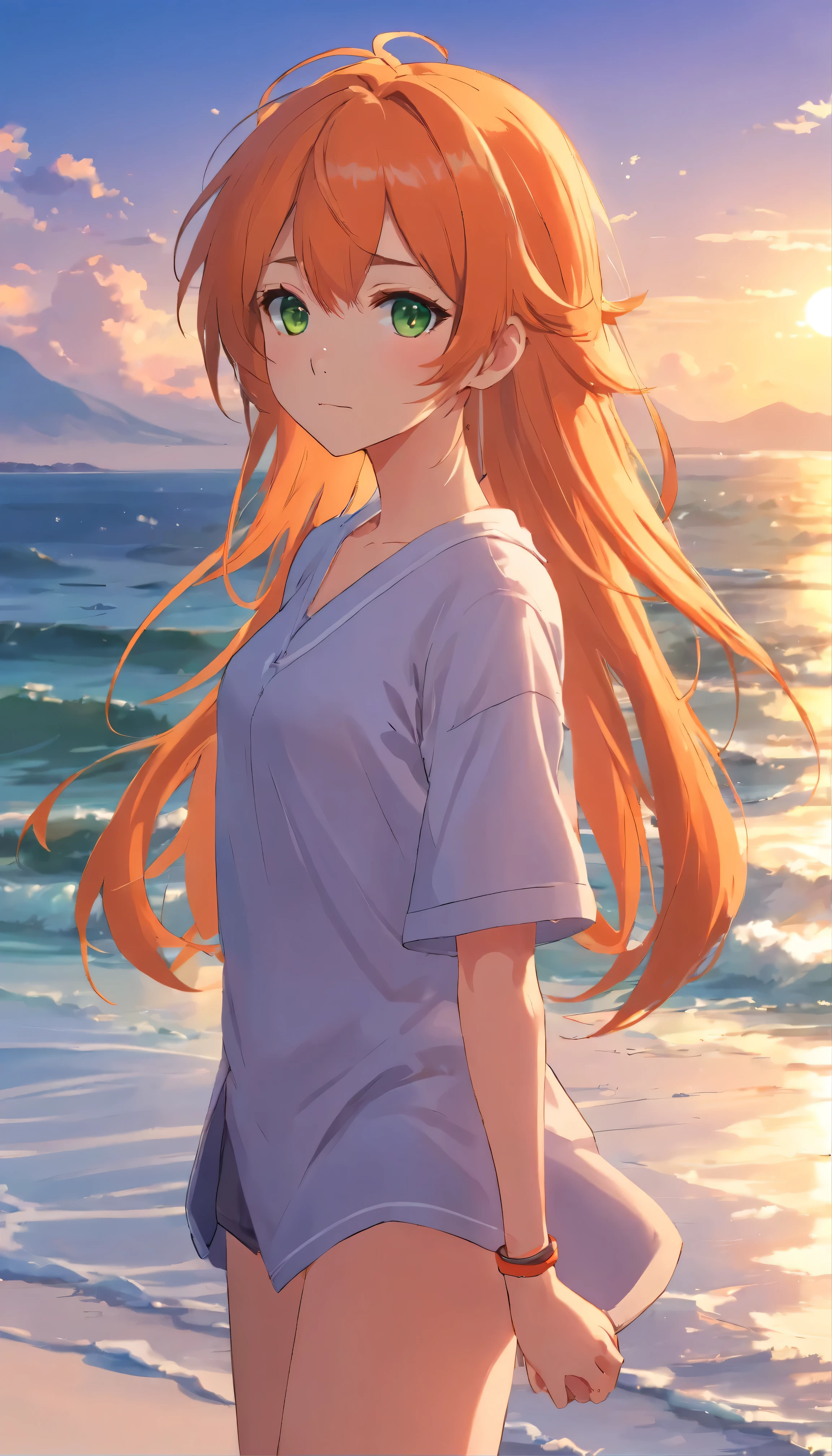 Anime girl with long orange hair, standing on the beach near the ocean, green eyes detailed digital anime art, Anime girl with long hair, гладкое аниме cg art, Anime girl with long hair, digital anime art, work in Guweiz style, Beautiful anime portrait, Photorealistic render of an anime girl, Beautiful anime girl, advanced digital anime art, guweiz на artstation pixiv HD UHD HQ