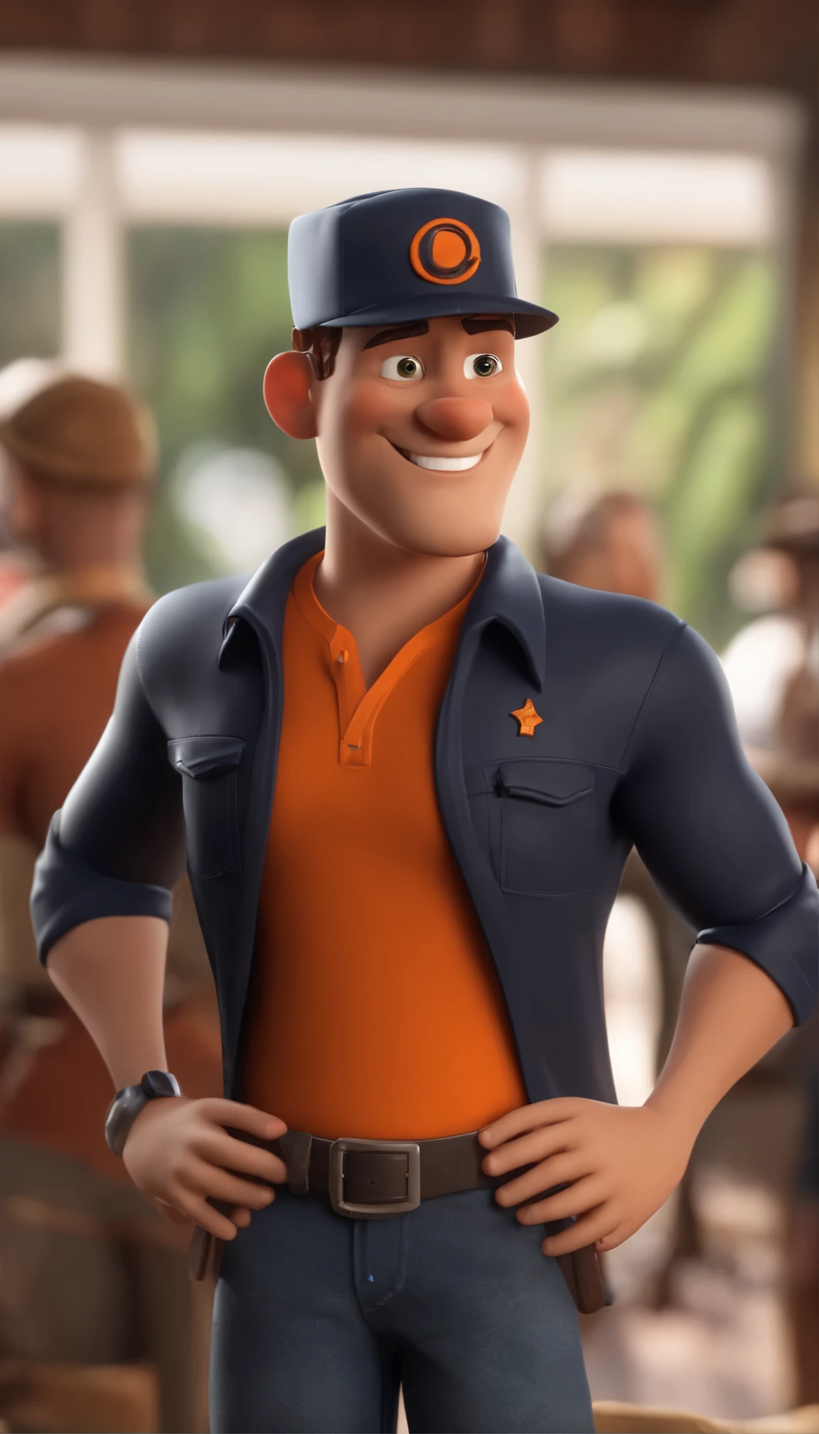 Personagem de desenho animado de um sorriso de camisa preta, jeans and orange cap, animation character, Caractere estilizado, animation style rendering, 3D estilizado, Arnold Maya rendering, Stylized 3D rendering, toon render screenshot, Personagem 3D, Personagem 3D, Stylized 3D rendering, 3D character rendering, personagem de desenho animado, Personagem de close up, Pose de personagem, (Estilo Pixar) (Parte Mestre:1.2) (bokeh) (melhor qualidade) (pele detalhada) (textura detalhada) (8K) (argila) (Cinematic lighting) (sharp focus