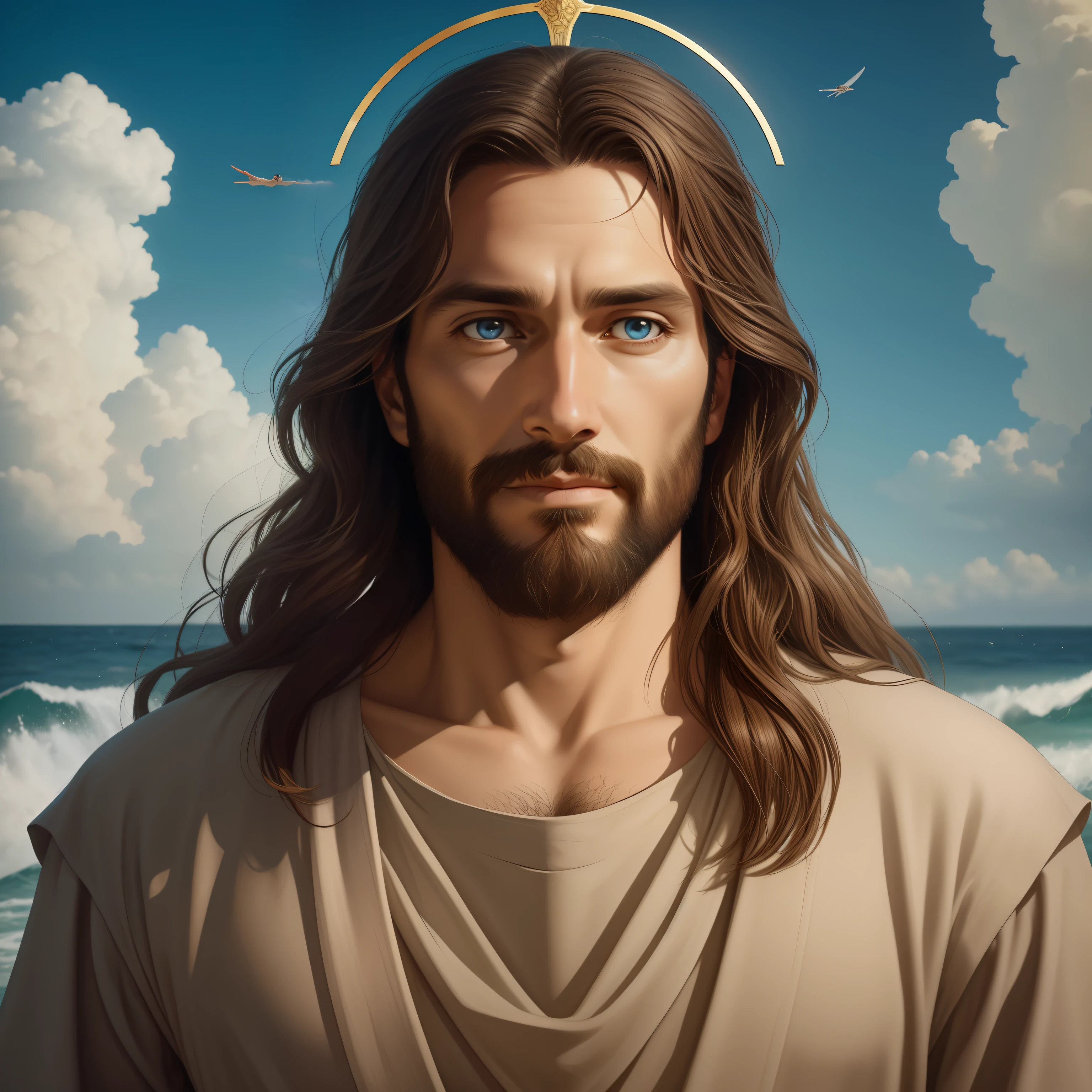 A beautiful ultra-thin Realista portrait of Jesus, o profeta, um homem de 35 anos, hebraico, morena, cabelo castanho curto, perfeitos olhos azuis reais, longa barba castanha, com, ajudar pessoas , wearing a long linen tunic closed at the chest, em vista frontal, Corpo todo, biblical, Realista,by Diego Velázquez,Pedro Paulo Rubens,Rembrandt,Alex Ross,8K, arte conceitual, PhotoRealista, Realista, illustration, oil painting, Surrealismo, HyperRealista, ajudar pessoas , arte digital, estilo, watercolorReal Jesus flying on sky com a flying cloud in the background, Jesus walking on water, biblical illustration, epic biblical representation, forcing him to flee, saindo do oceano, ! holding in hand!, desembarcando, Deus do oceano, beautiful representation, 8K 3D Model, Realista,
a 3D Realista of jesus com a halo in the sky, Jesus Cristo, smiling in the sky, portrait of Jesus Cristo, rosto de jesus, 35 jovem deus todo-poderoso, retrato de um deus celestial, Greg Olsen, gigachad jesus, Jesus of Nazareth, jesus, a face de deus, Deus olhando para mim, he is greeting you warmly, is he happy, imagem de avatar
