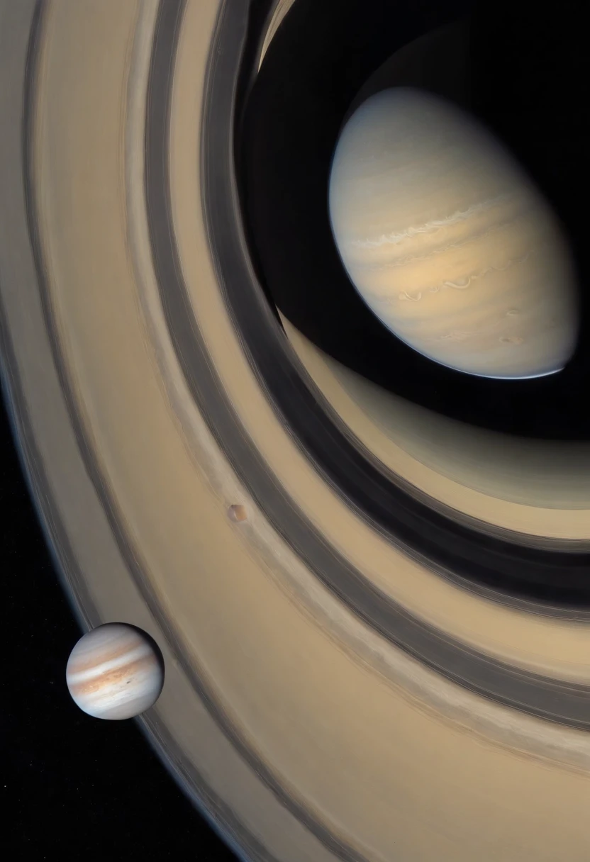 ((aerial view:1.5)), ((zenithal camera:1.5)), ((focusing on the surface of Saturn)),(( beautiful overview of the surface from thousands of miles:1.3)), ((observing part of the circumference of saturn along with the rings:1.3)), (hyper detailed: 1.3), ((a beautiful landscape of Jupiter below: 1.3)), ((imaginative scene)), ((meticulously detailed: 1.3)), ((best quality)), ((masterpiece)), 3D, (photorealistic: 1.4), ((Film lighting: 1.2)), 32k.