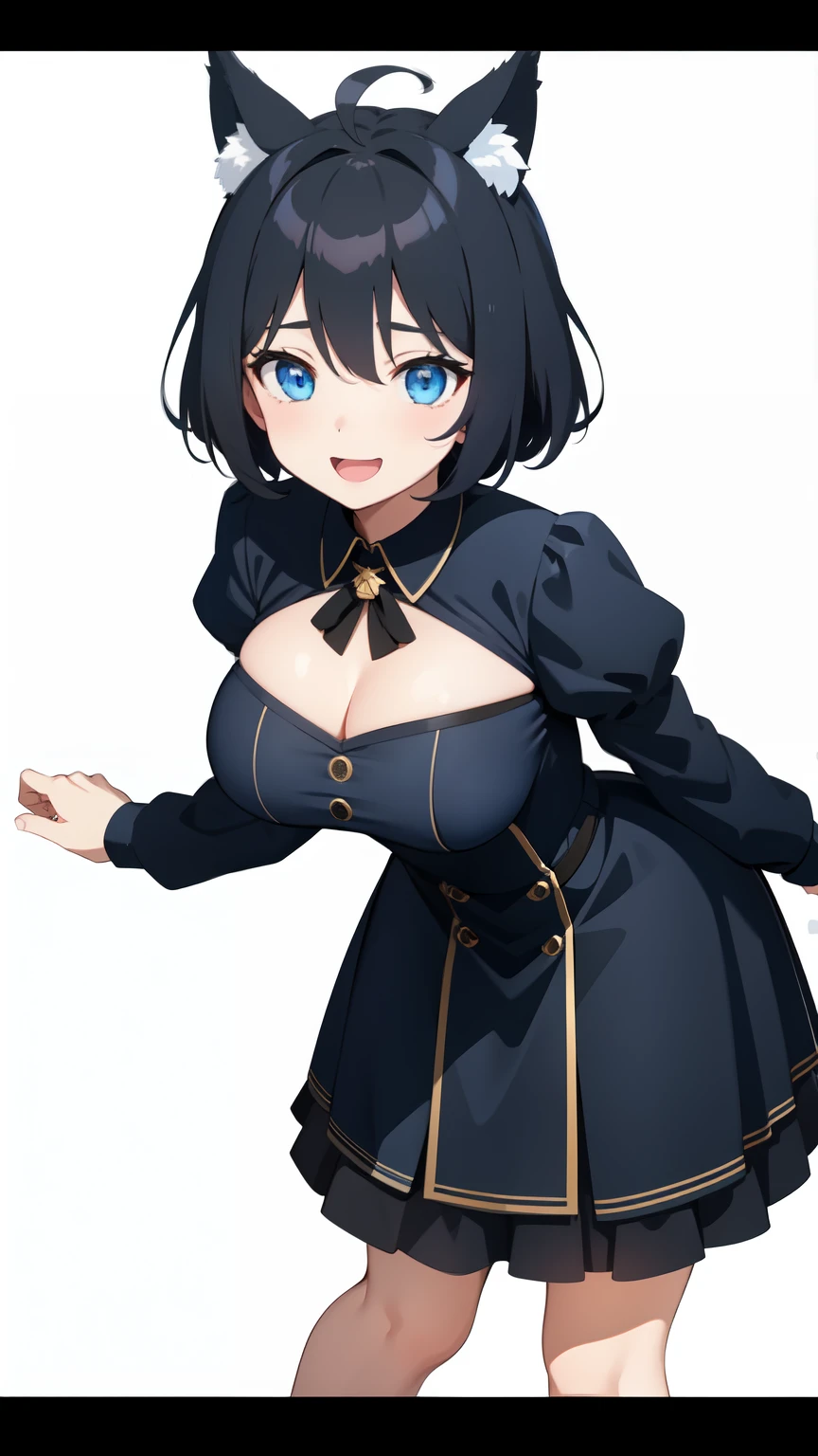 on lap,((((upright)))), ((((stand up)))), looking at the viewer, simple background、white background, 1 girl, open your mouth, smile, Virtual YouTuber、with a girl、((highest quality, expensive_solve, clear_image)),(black hair), (black cat ears), (Ahoge), (ridiculously short hair), (wavy hair), (blue eyes),、laughter、very big breasts、((concept art))、((front))、Room wear、cleavage visible、