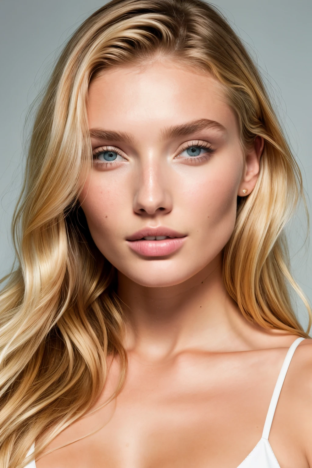 1girl in, age 25, Fashion model, Solo, Close-up, [[[chest]]], [[[head]]], Long blonde hair, Perfect Eyes with azure iris, Perfect Lips, Perfect Teeth, Perfect Skin glowing under soft front light, Subtle shine, High resolution, Calm colors:1.2, Wearing a lace bra that slightly reveals cleavage, Realistic, Naturalistic, NSFW.

This image captures a fashion model in her prime, radiating a natural beauty that is both captivating and ethereal. At 25 years old, she exudes confidence and elegance, her perfect features
