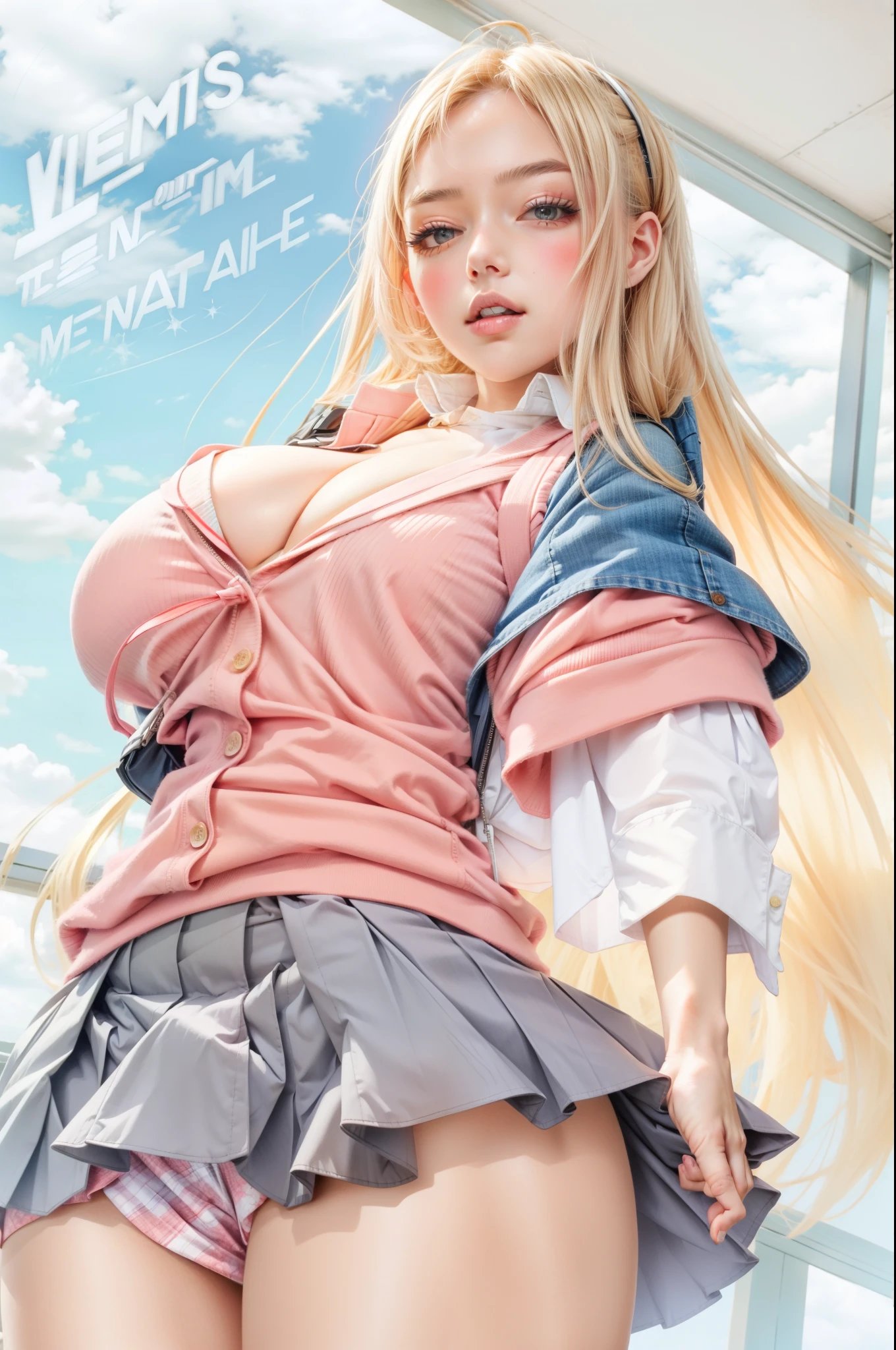 KaedeDG, 1girl, skirt, necktie, sweater vest, breasts, looking at viewer, shirt, long sleeves, pleated skirt, solo, backpack, beamed eighth notes, white shirt, cowboy shot, print skirt, collared shirt, blush, medium breasts, school uniform, striped,