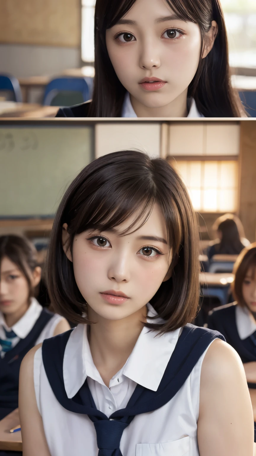 Masterpiece, 4K, bokeh, school uniform, Beautiful girls, group photo, harem, multiple girls, (Japanese idle:1.6), (Bob hair:1.3), close up, classroom, sunset, Looking at the viewer, cowboy shot