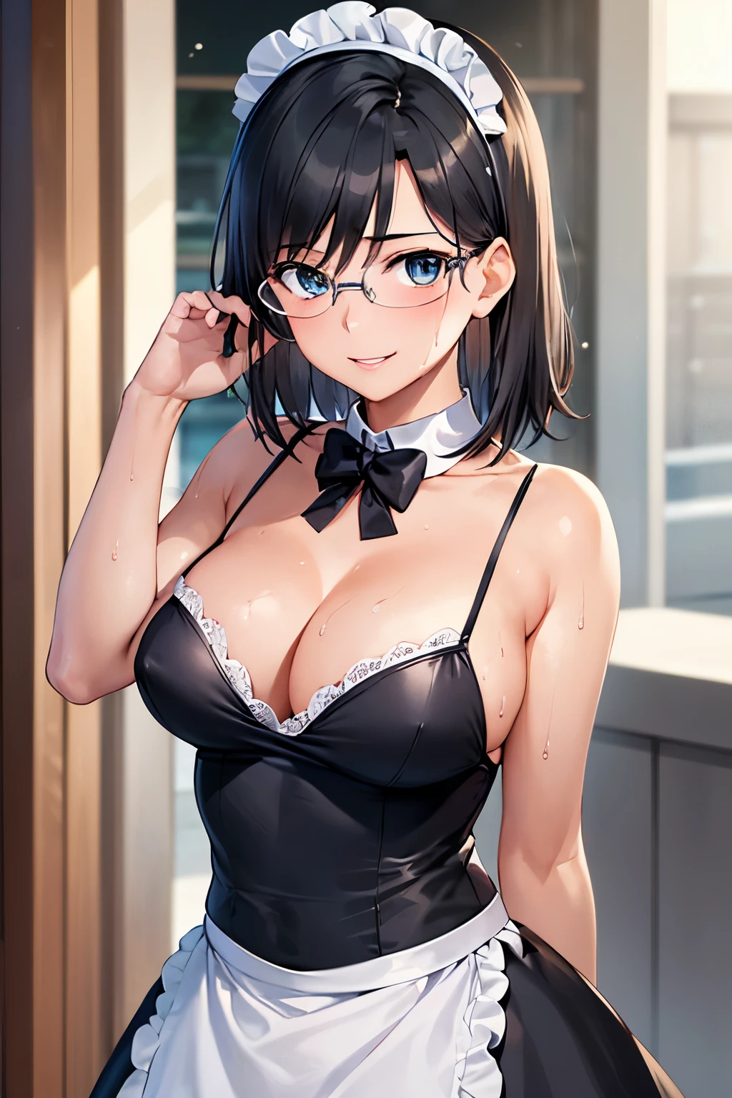 1girl,18yo,perfect hands, perfect finger,perfect anatomy, masterpiece, best quality,realistic, hyperrealistic, 16k hdr,, aamii, short hair, black hair, blue eyes, glasses, ,outdoor,standing,(sweat:1.3),(happy smile),large breasts,upper body,(sexy maid dress,head dress:1.2)