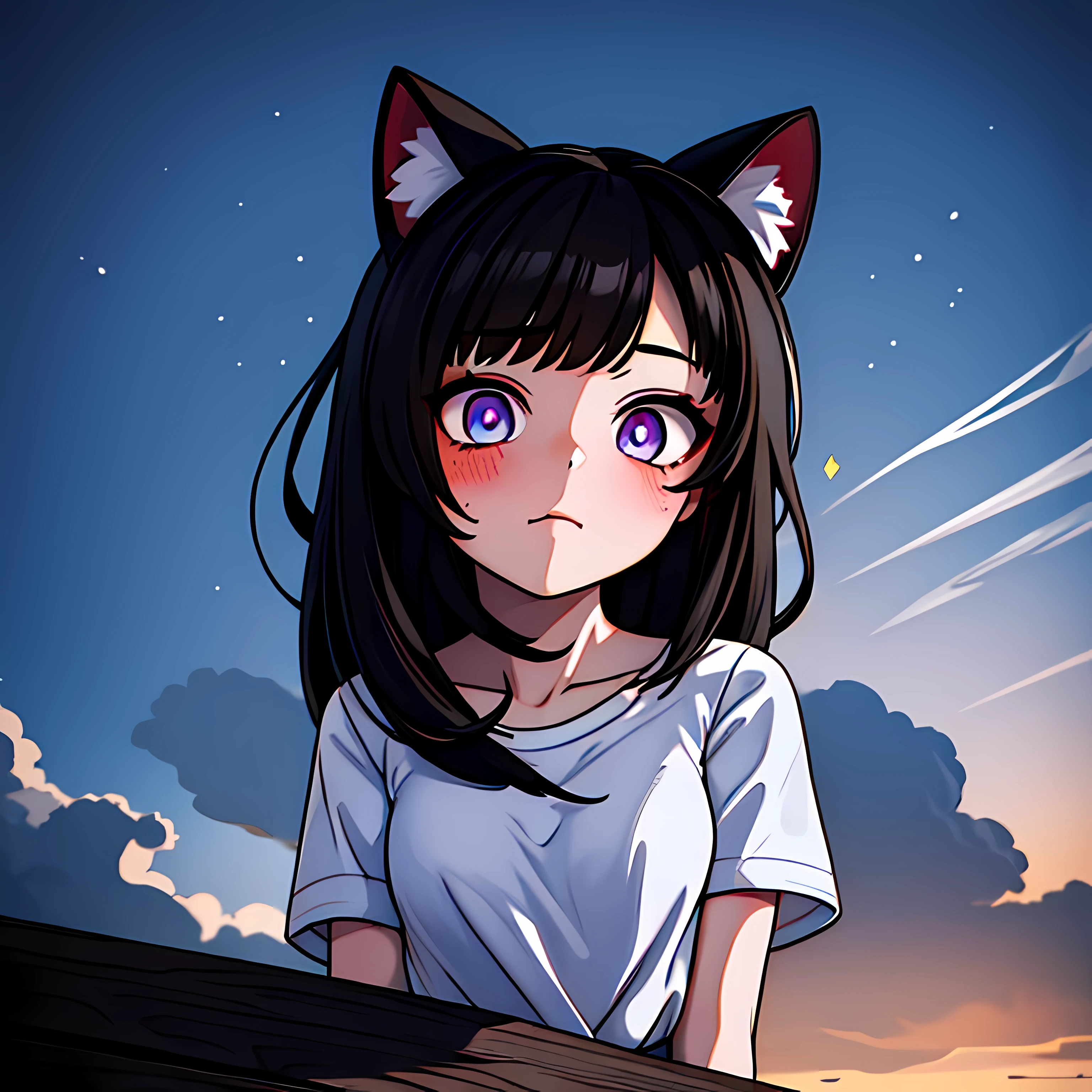 {{{{Masterpiece, Extremely detailed, Intricate details, Soft focus, 8K, A high resolution, Depth of field, absurderes, high quality facial shadowing, dynamic shadowing, extreme shaders, Cinematic lighting, Perfect lighting, Soft lighting, Hazy lighting, blurryforeground, Lens flare}}}}, Best quality, asian qualities, {Front view}, (Solo:1.2), (Beautiful young girl:1.3), High school girl, {{{Extremely detailed girl, Perfect anatomy, Perfect body}}},(detailed cat ears:1.3), Black cat ears:1.1, (beautifully detailed hair:1.3), (Hollow black hair:1.3), Luscious waist-length hair, (multi-layered hair:1.5), (hair splayed out:1.2), beautiful-detailed facial structure, Detailed beautiful face:1.3, Sexy face, A grim face, slender facial structure, (Detailed face:1.33), Big eyes, (Detailed glowing eyes:1.1), luminous red eyes, (Detailed facial expressions:1.1), Shy, detailed-slight red blush, (detailed :1.2), Small size chest, (Slim waist:1.1), (Slim legs:1.1), The stands up, (Plain white button school T-shirt skirt:1.2), (A delicate plain white skirt:1.4), (detailed pure white socks:1.4)，cleavage，natta，solo，nigh sky，exteriors，themoon，As estrelas，​​clouds，ventania