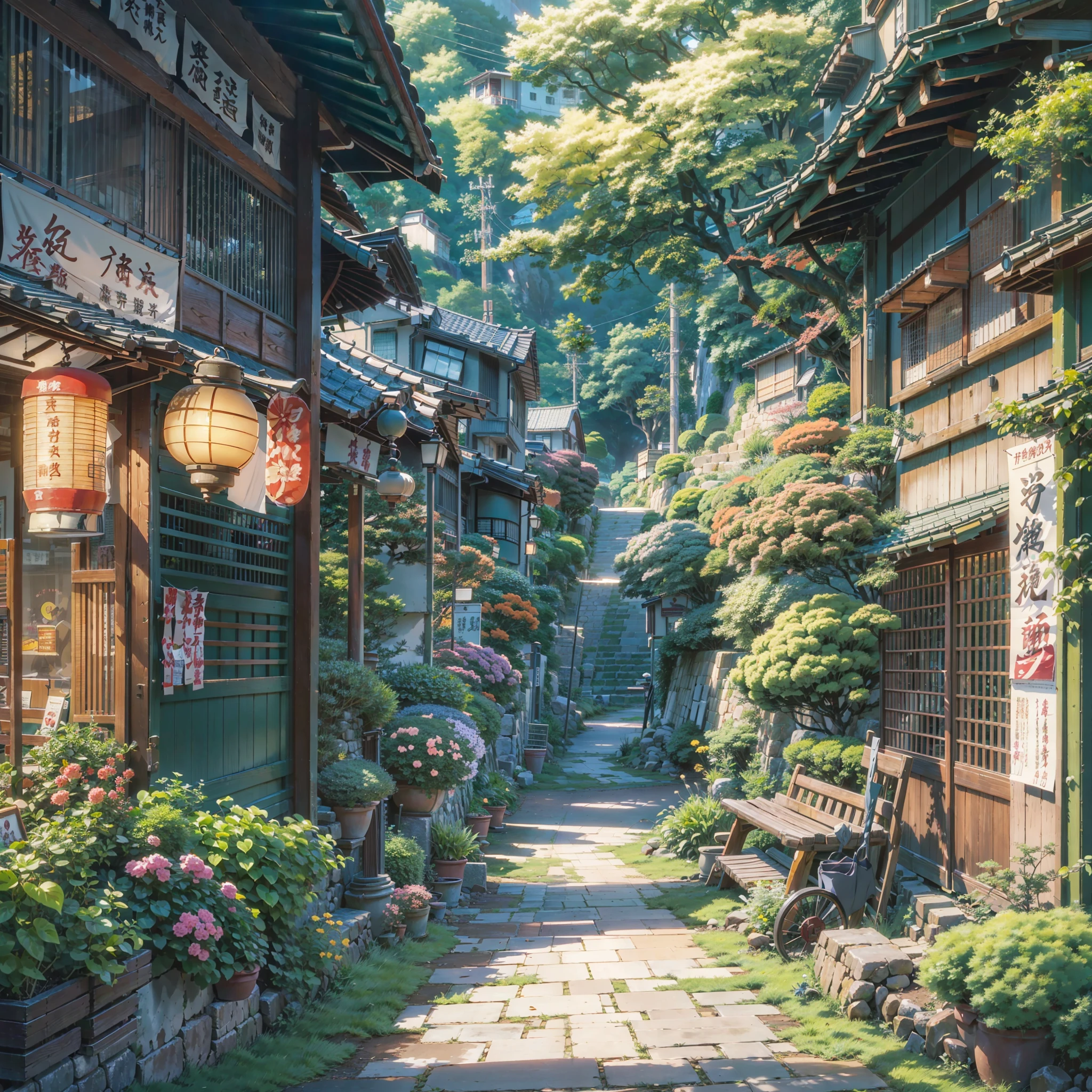there is a bench sitting on the side of a path, anime scenery, japanese town, beautiful anime scenery, beautiful anime scene, japanese neighborhood, anime background art, japanese street, anime landscape, japanese village, anime countryside landscape, japanese city, anime nature, anime beautiful peace scene, tokyo - esque town, anime scenery concept art, detailed scenery