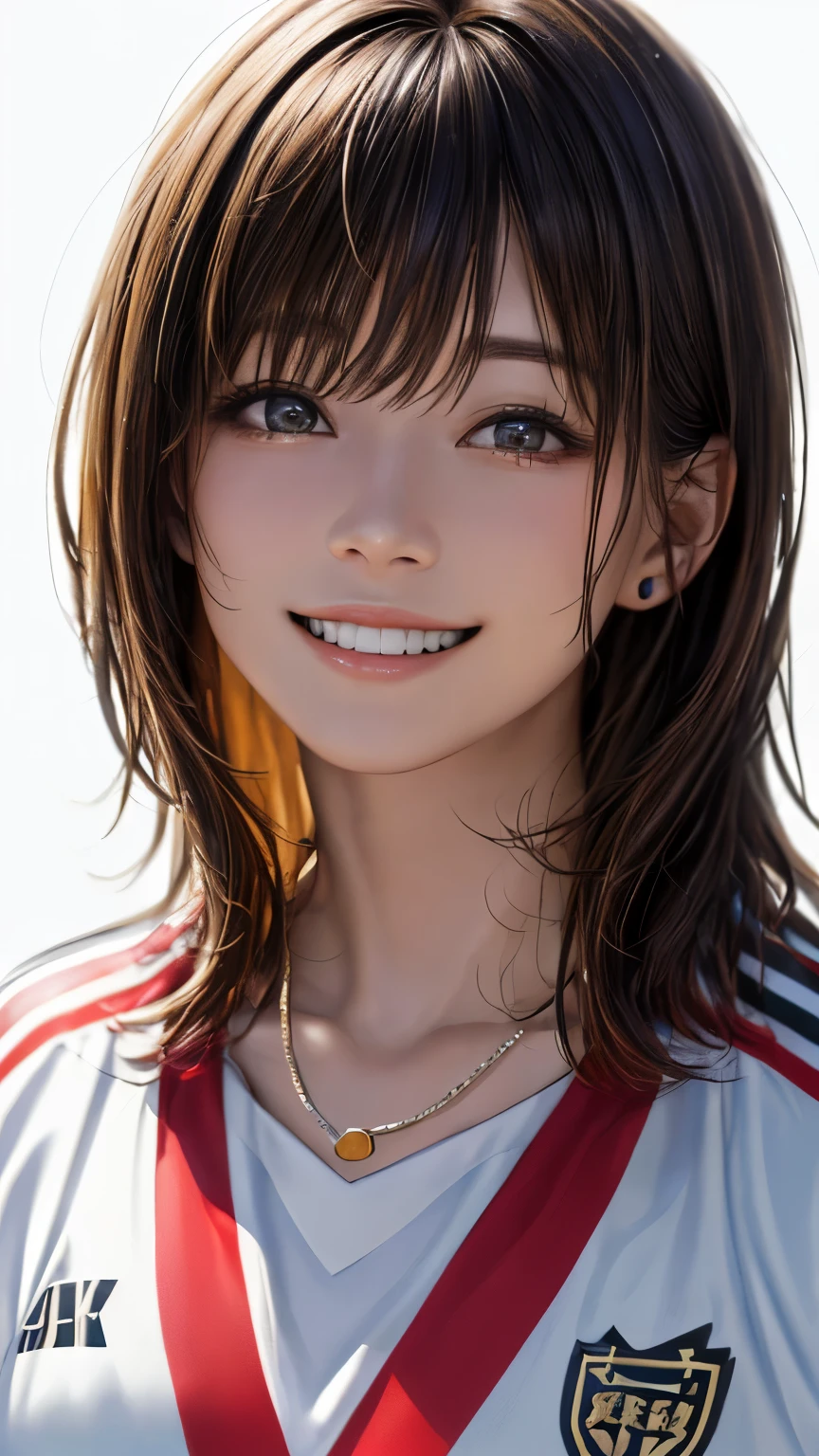 (highest quality、8k、32K、masterpiece)、(realistic)、(Photoreal:1.2)、(High resolution)、Super detailed、very beautiful face and eyes、1 girl、round and small face、thin waist、delicate body、(close、highest quality、high detail、rich skin details)、(highest quality、8k、oil paint:1.2)、Super detailed、(realistic、realistic:1.37)、bright colors、(((I'm blonde)))、(((bust shot)))、(((medium hair、blonde hair)))、(((Pure white wall background)))、(((she is wearing a black and white uniform)))、(((pure white wall background)))、(((It&#39;s a soccer uniform)))、(((Ｖneck uniform)))、(((Uniform with vertical stripes)))、(((I&#39;m smiling)))、(((I&#39;m laughing out loud)))、(((Teeth are visible)))、(((I'm touching my head)))、(((I&#39;m wearing a necklace)))