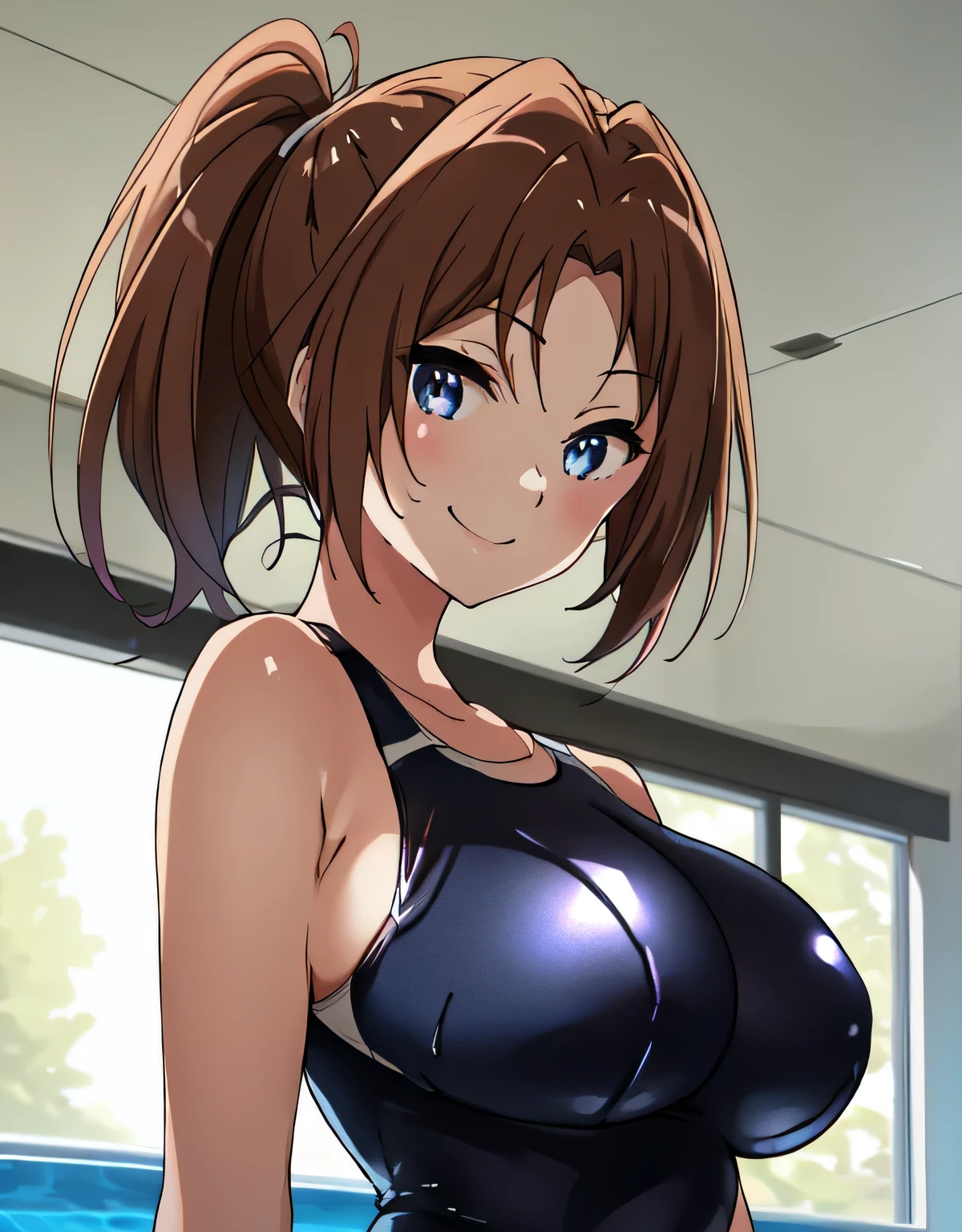 (big breasts:1.5),looking at the viewer,Are standing,(((masterpiece))),((highest quality)),perfect anatomy,8k UHD,highly detailed face,shiny and glossy,((1 girl)),((alone)),(detailed and beautiful eyes:1.5),perfect image,(Upper body:1.1),(look ahead:1.1),turn your arms behind your back,slim waist,(shiny hair),super detailed,disorganized,shiny school swimwear,smile,sensitive smile,indoor pool,school swimwear,