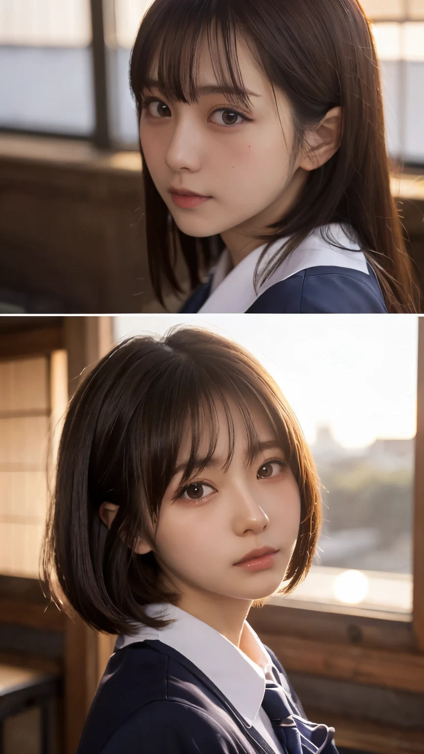 Masterpiece, 4K, bokeh, school uniform, Beautiful girls, group photo, harem, multiple girls, (Japanese idle:1.6), (Bob hair:1.3), close up, classroom, sunset, Looking at the viewer, cowboy shot