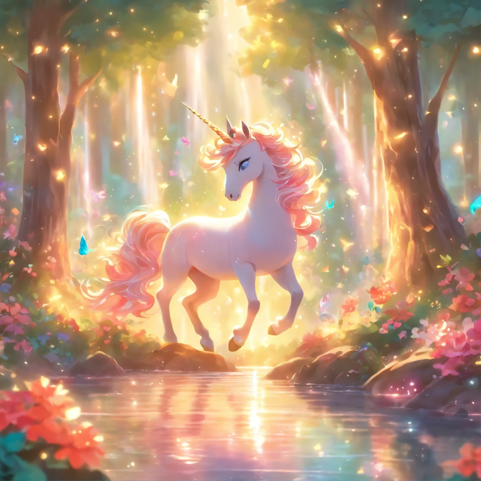 A mythical and magical scene that kids would love, with vibrant colors and a sense of wonder. The main focus is on a majestic unicorn. The unicorn has a radiant, shimmering coat and a graceful, flowing mane. Its horn is glowing with a soft, ethereal light.
The forest is filled with towering trees, covered in vibrant foliage in different shades of green. Sunlight filters through the branches, casting enchanting patterns on the forest floor. Sparkling fairy dust dances in the air, creating a dreamy atmosphere.
In the distance, there is a sparkling waterfall, cascading down into a crystal-clear lake. The water shimmers and ripples in the sunlight, reflecting the beauty of the surrounding landscape. Colorful flowers of various shapes and sizes dot the ground, adding a touch of whimsy to the scene.
Children are drawn to this magical place, their eyes filled with awe and excitement. Their laughter fills the air as they play and explore the enchanting forest. They are dressed in bright, playful clothes, complementing the joyful atmosphere. Some of them are riding the unicorn, their faces beaming with joy and wonder. Others are chasing butterflies or picking petals off the flowers.
The whole scene is bathed in a warm, golden light, giving it a magical and welcoming ambiance. This beautiful artwork is created with expert craftsmanship and attention to detail, capturing the imagination of both young and old. The high-quality resolution brings out the intricate details, making it a masterpiece for anyone to behold.