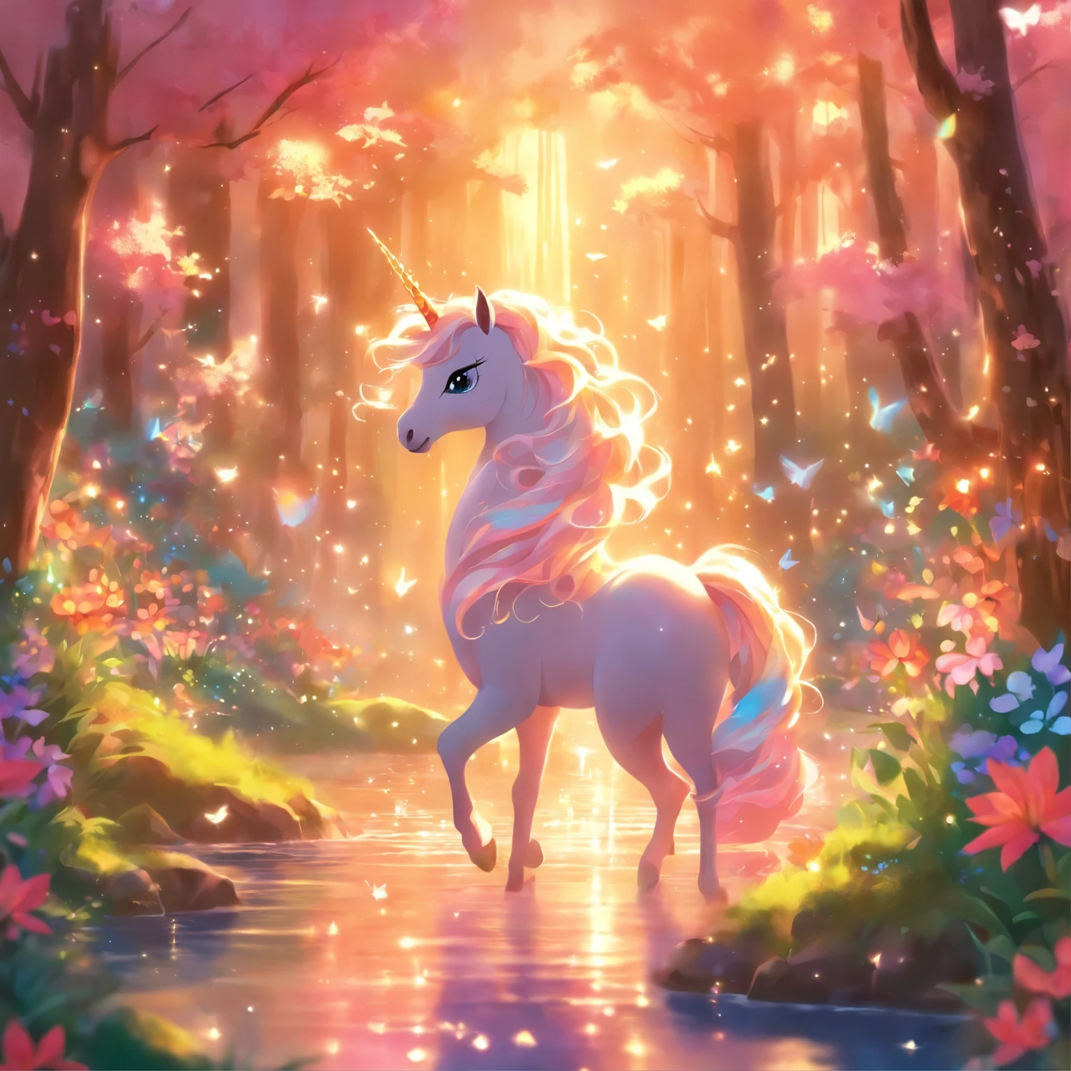 A mythical and magical scene that would love, with vibrant colors and a sense of wonder. The main focus is on a majestic unicorn. The unicorn has a radiant, shimmering coat and a graceful, flowing mane. Its horn is glowing with a soft, ethereal light.
The forest is filled with towering trees, covered in vibrant foliage in different shades of green. Sunlight filters through the branches, casting enchanting patterns on the forest floor. Sparkling fairy dust dances in the air, creating a dreamy atmosphere.
In the distance, there is a sparkling waterfall, cascading down into a crystal-clear lake. The water shimmers and ripples in the sunlight, reflecting the beauty of the surrounding landscape. Colorful flowers of various shapes and sizes dot the ground, adding a touch of whimsy to the scene.
Children are drawn to this magical place, their eyes filled with awe and excitement. Their laughter fills the air as they play and explore the enchanting forest. They are dressed in bright, playful clothes, complementing the joyful atmosphere. Some of them are riding the unicorn, their faces beaming with joy and wonder. Others are chasing butterflies or picking petals off the flowers.
The whole scene is bathed in a warm, golden light, giving it a magical and welcoming ambiance. This beautiful artwork is created with expert craftsmanship and attention to detail, capturing the imagination of both young and old. The high-quality resolution brings out the intricate details, making it a masterpiece for anyone to behold.