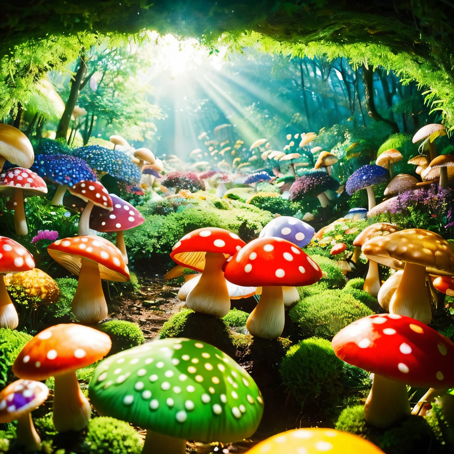 A beautiful mushroom forest in mushroom country is spreading out.。Colorful mushrooms are rising、Bright light is shining in。picture book