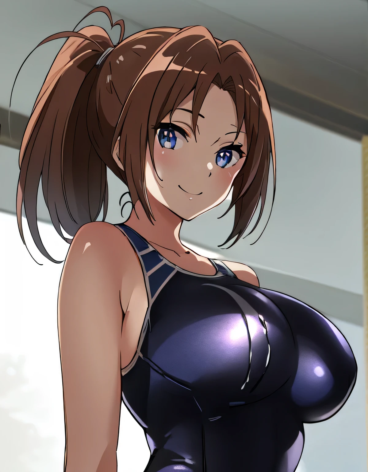 (big breasts:1.5),looking at the viewer,Are standing,(((masterpiece))),((highest quality)),perfect anatomy,8k UHD,highly detailed face,shiny and glossy,((1 girl)),((alone)),(detailed and beautiful eyes:1.5),perfect image,(Upper body:1.1),(look ahead:1.1),turn your arms behind your back,slim waist,(shiny hair),super detailed,disorganized,shiny school swimwear,smile,sensitive smile,indoor pool,school swimwear,
