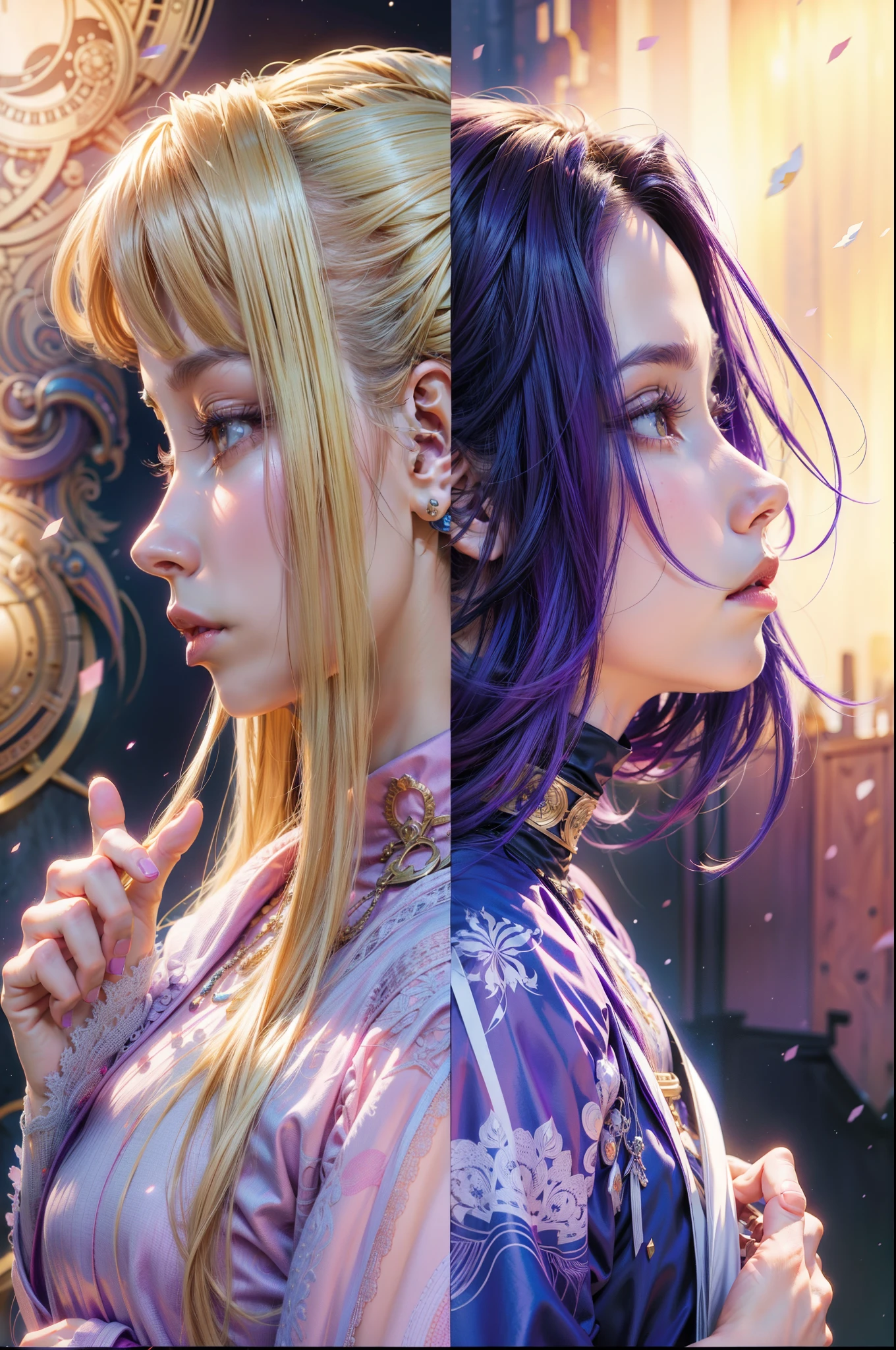 anime girl with long hair and purple hair in two different pictures, queen and ruler of the universe, digital anime illustration, in the art style of bowater, detailed fanart, full color digital illustration, detailed digital anime art, two beautiful anime girls, anime style illustration, full color illustration, official illustration, clean detailed anime art, facing each other, anime styled digital art