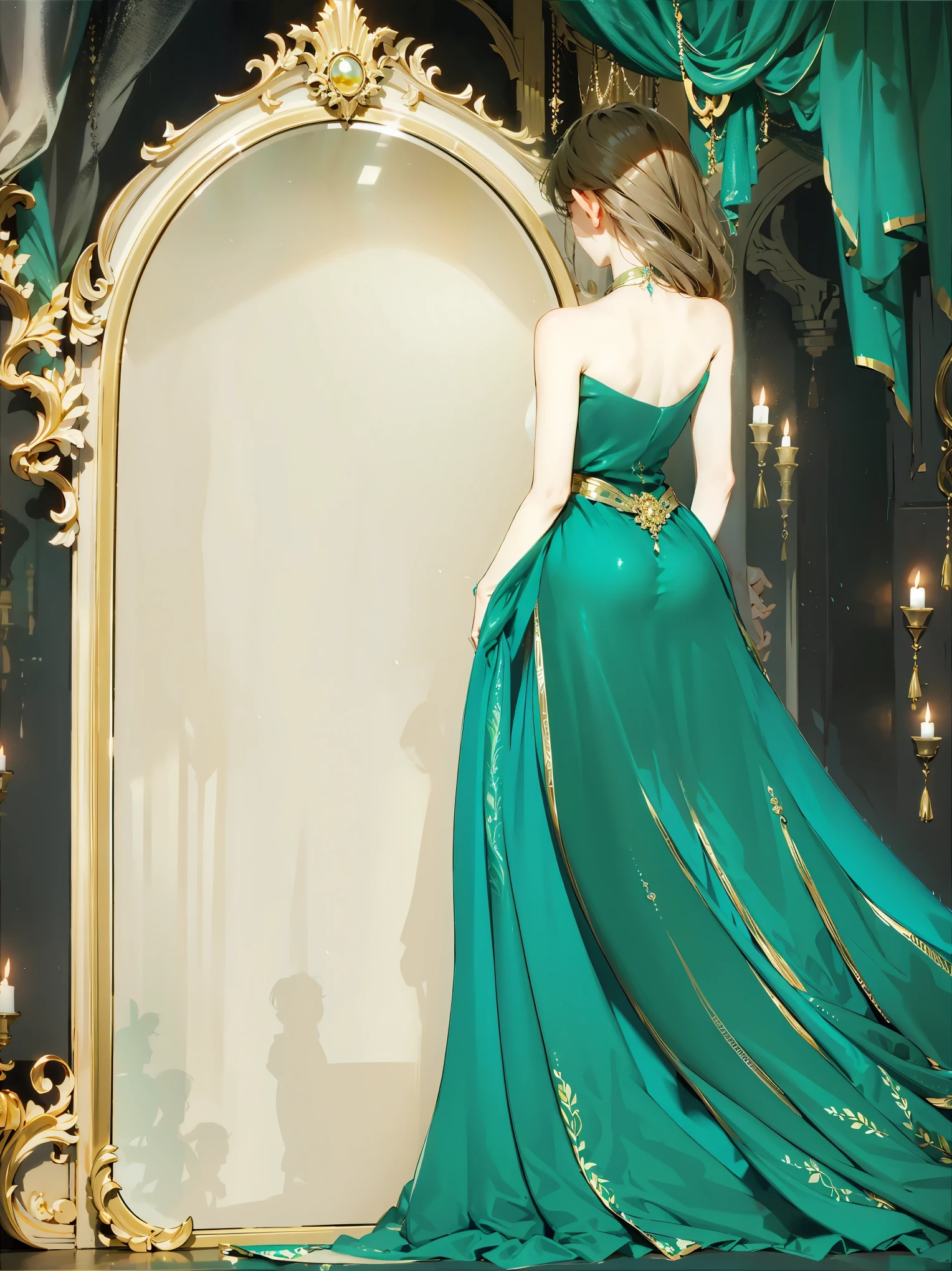 The mirror reflects the environment in the palace，masterpiece，extremely high detail