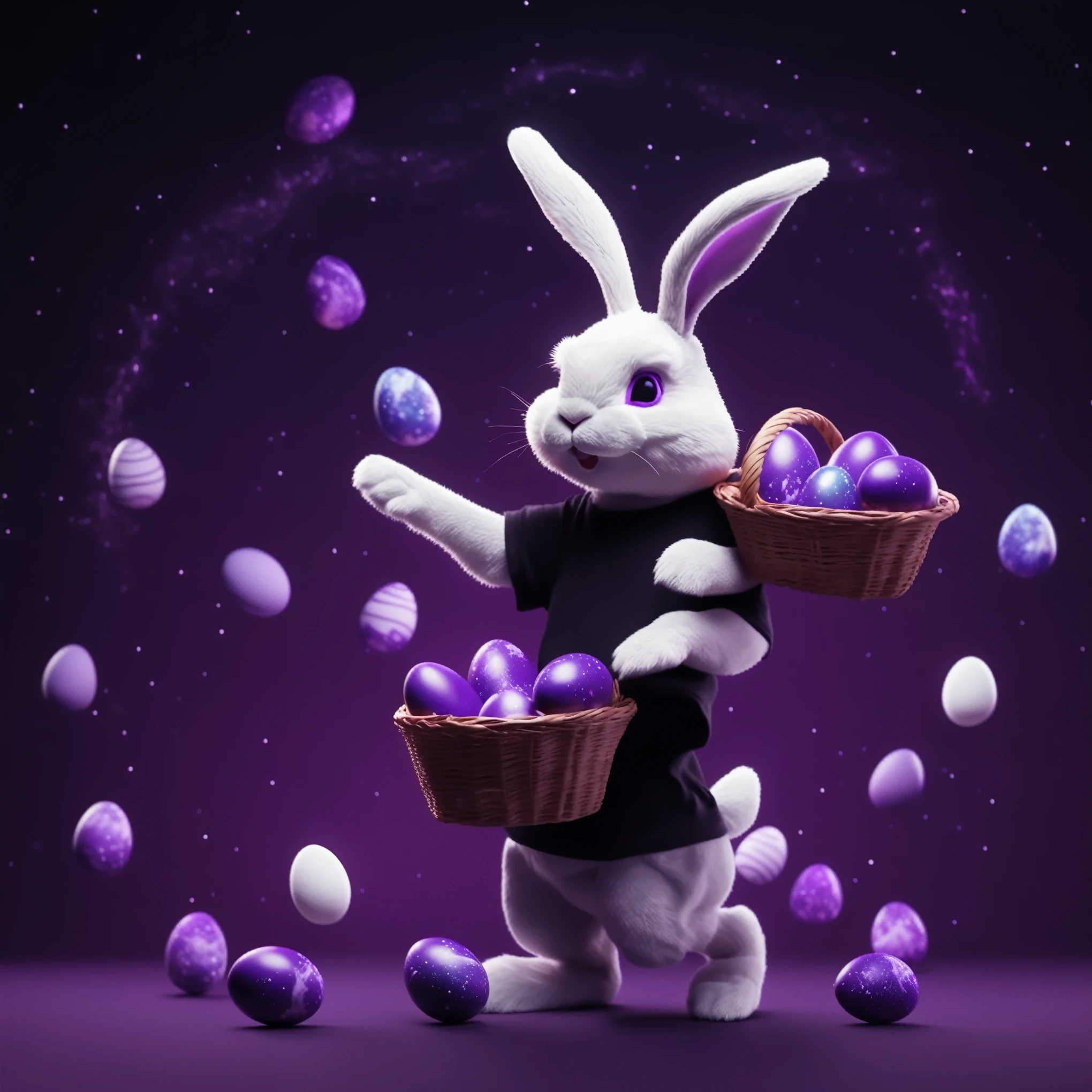 White Easter bunny, wearing a black t-shirt with a drawing of a purple crescent moon, holding a basket full of purple Easter eggs, dark purple galaxy background, high quality, hd, purple neon lighting imagem nítida, 4k, 8K, detalhado e intrincado, Cinematic, color grading, Dramatic