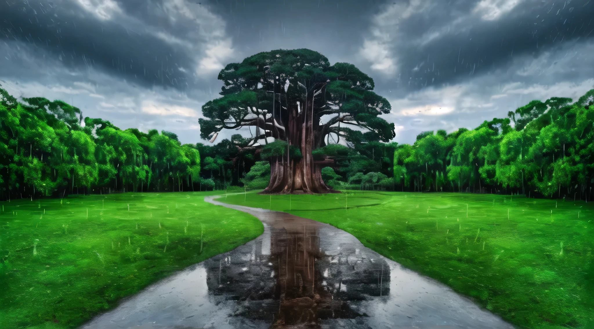 a close-up of a tree with a path in the middle, breath-taking beautiful trees, breath - taking beautiful trees, depois da chuva, dia depois de chover, giant tree, chovendo foto premiada, fantasy tree, large magic trees, big tree, logo depois da chuva, magic tree, reflexos molhados, merging with the tree in a forest, the world tree