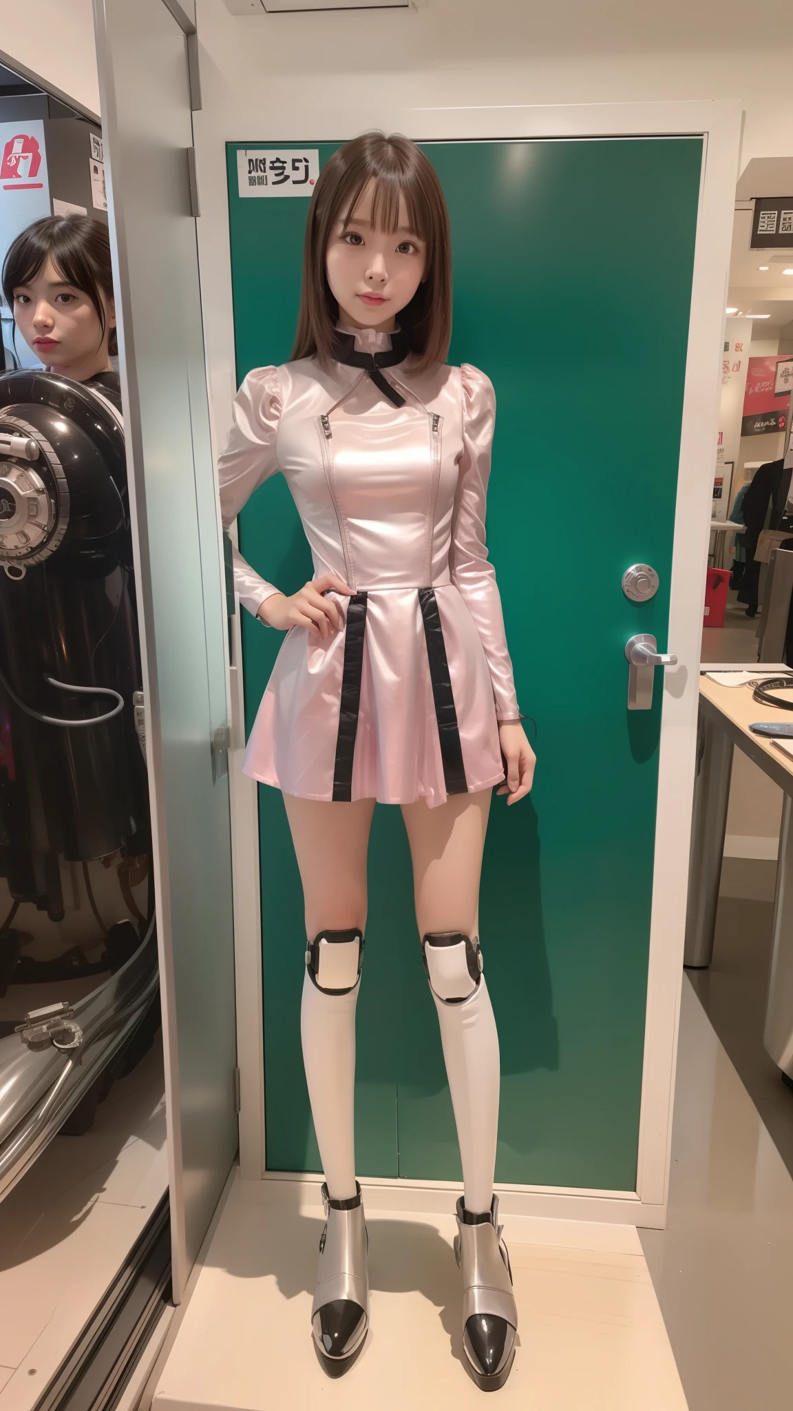 Robot Girl, pink there, Silver, Metallic body, Robot Parts, Metal Parts, Super Detailed Face, Super well-formed face, of the highest quality, a small face, a small head, Brown hair, Slender body, Camera gaze, Internal Mechanical Exposure, Idol, front facing, Well-proportioned body, sale, Exhibited, Event Hall, Moe Pose, pink metallic Lolita dress machine armor, Standing with legs open, Model body type, sad, Embarrassing,(Perfect Robot Girl),(Perfect machine body)