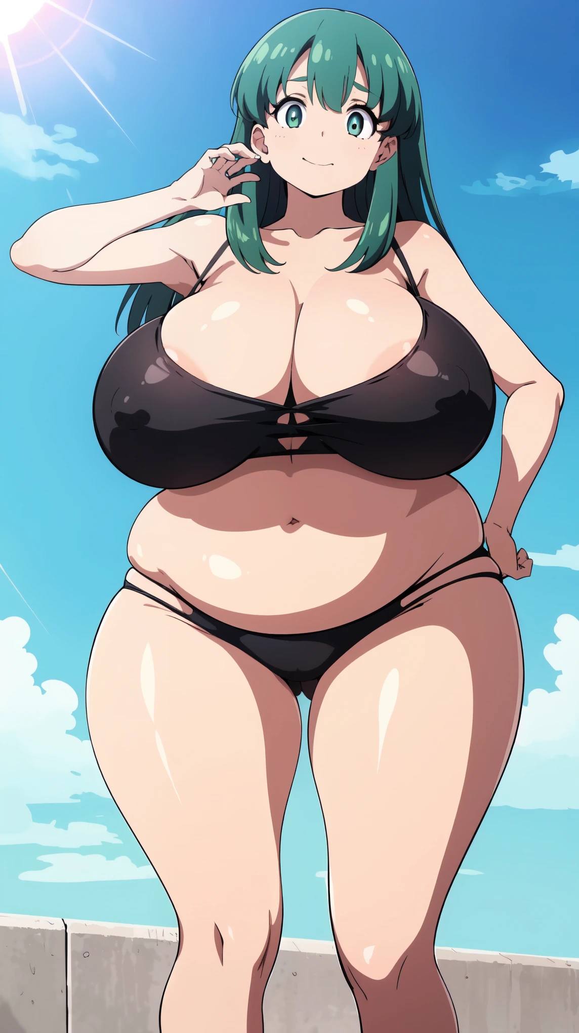 high quality photo of a woman, detailed face, <3, over head view, short, oppai ratio, anime, long legs, long hair, long saggy breasts, plump breasts, green hair, green eyes