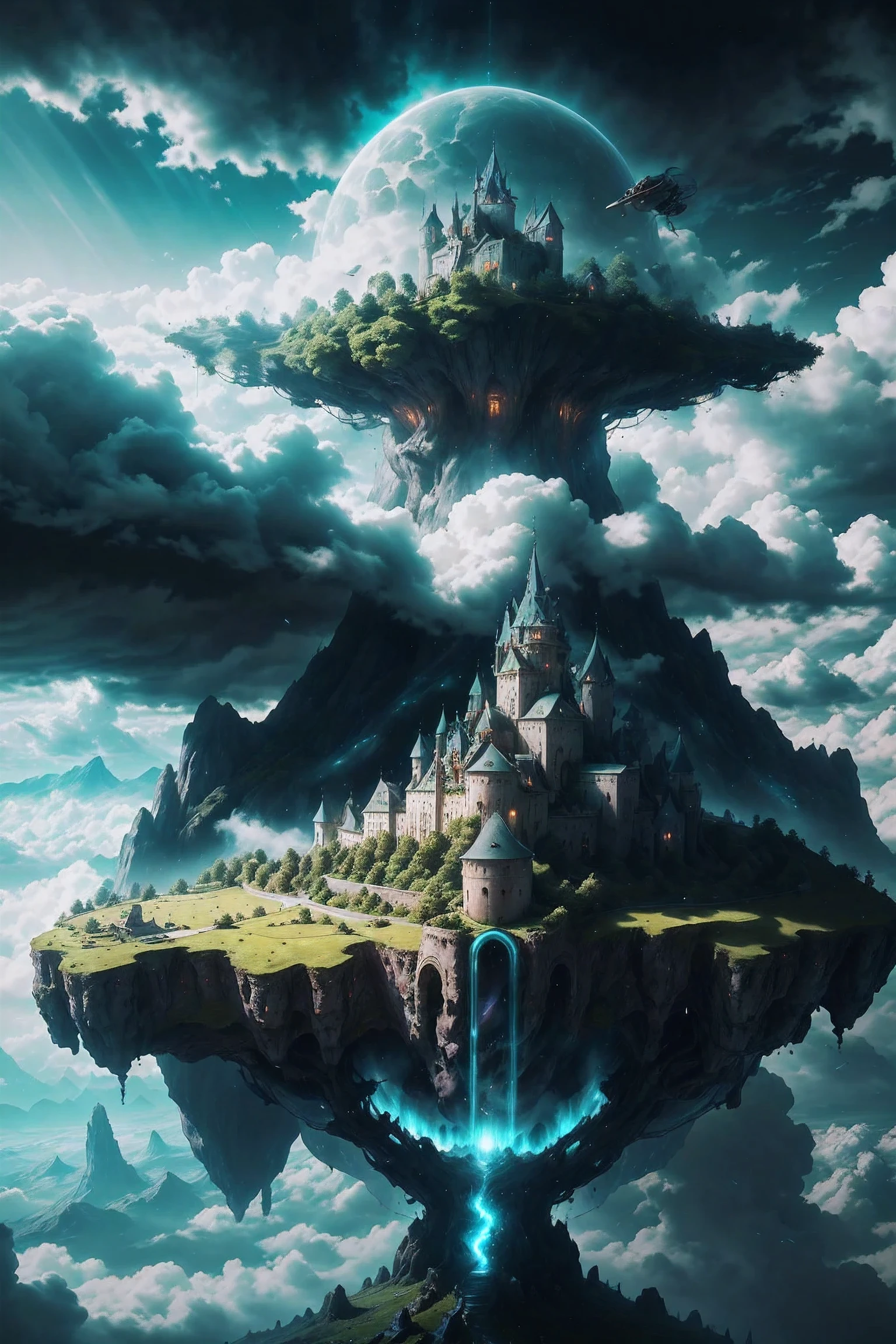 Aerial View, giant medieval castle , epic landscape, ((wind effect)),,(mythical atmosphere),light is penetrating through clouds, magnificent clouds, green theme, epic castle, in another planet