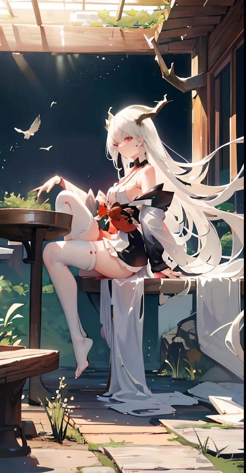 ((Masterpiece)), (A high resolution), (Best quality), (Ultra-detailed), (illustration), Original, Extremely detailed 8k wallpaper, ((1girll)), (An extremely delicate and beautiful), forest, Sunlight, Light particles,Cute, ((Disheveled hair)), Very long light white hair, Red eyes, Bare shoulders ,delicate leg, Black skirt , horns from head,looking at viewert,Sitting,From the side Side, little breast, shimanto, white stockings, white underwear, Japanese cloth,