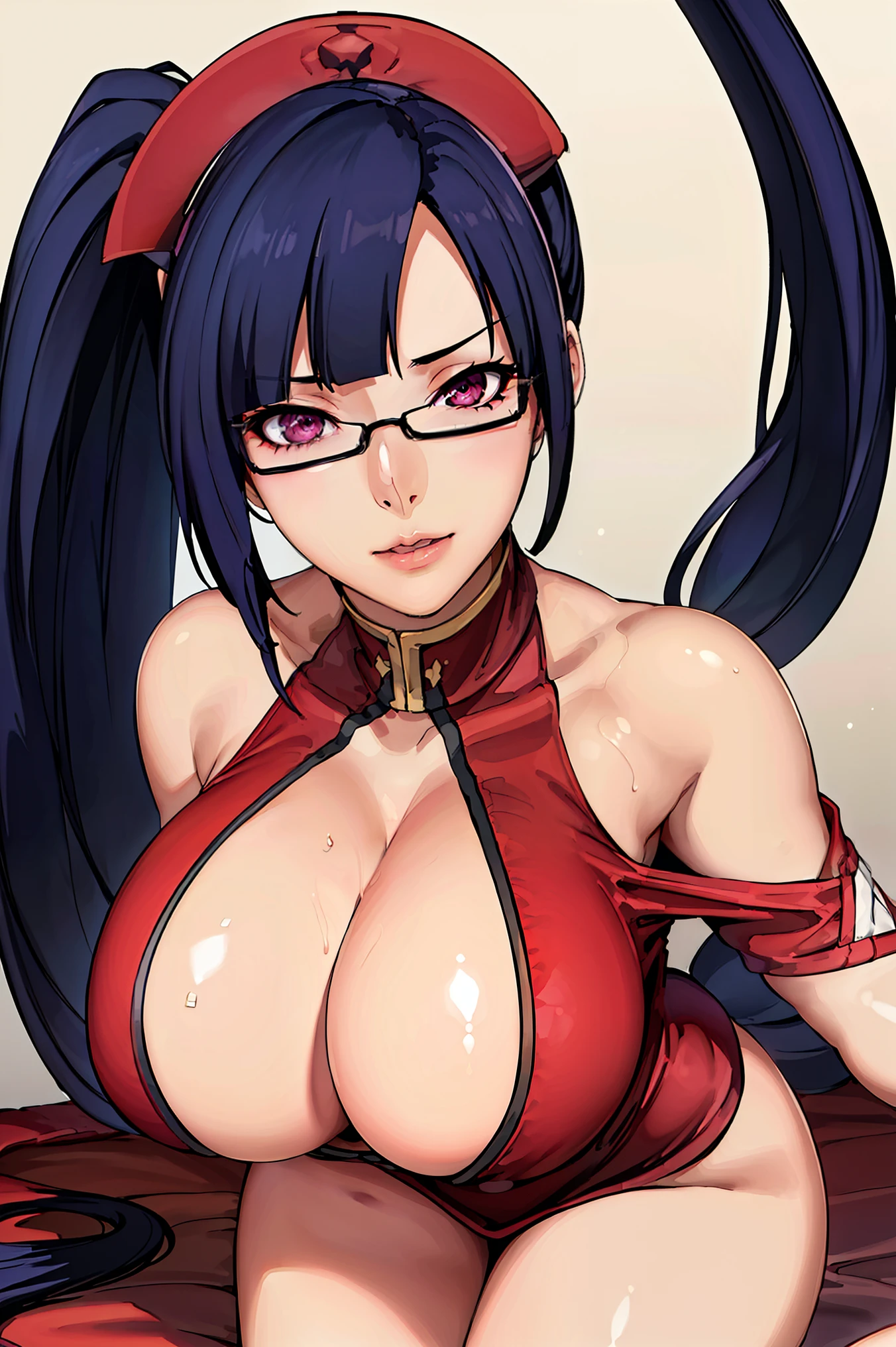 very tempting pose, (at nurse room), (nurse room background), Red dress, chinese clothes, cleavage cutout, clothing cutout, bare shoulders, semi-rimless eyewear, black hair, pink lips, very long hair, ponytail,Bangs,purple eyes, 1 girl, 20yo,Young female,Beautiful Finger,Beautiful long legs,Beautiful body, Beautiful Nose,Beautiful character design, perfect eyes, perfect face,expressive eyes, perfect balance, looking at viewer,(Focus on her face), official art,extremely detailed CG unity 8k wallpaper, perfect lighting,Colorful, Bright_Front_face_Lighting,White skin, (masterpiece:1.0),(best_quality:1.0), ultra high res,4K,ultra-detailed, photography, 8K, HDR, highres, absurdres:1.2, Kodak portra 400, film grain, blurry background, bokeh:1.2, lens flare, (vibrant_color:1.2),professional photograph, (Beautiful,huge_Breasts:1.4), (beautiful_face:1.5),(narrow_waist)