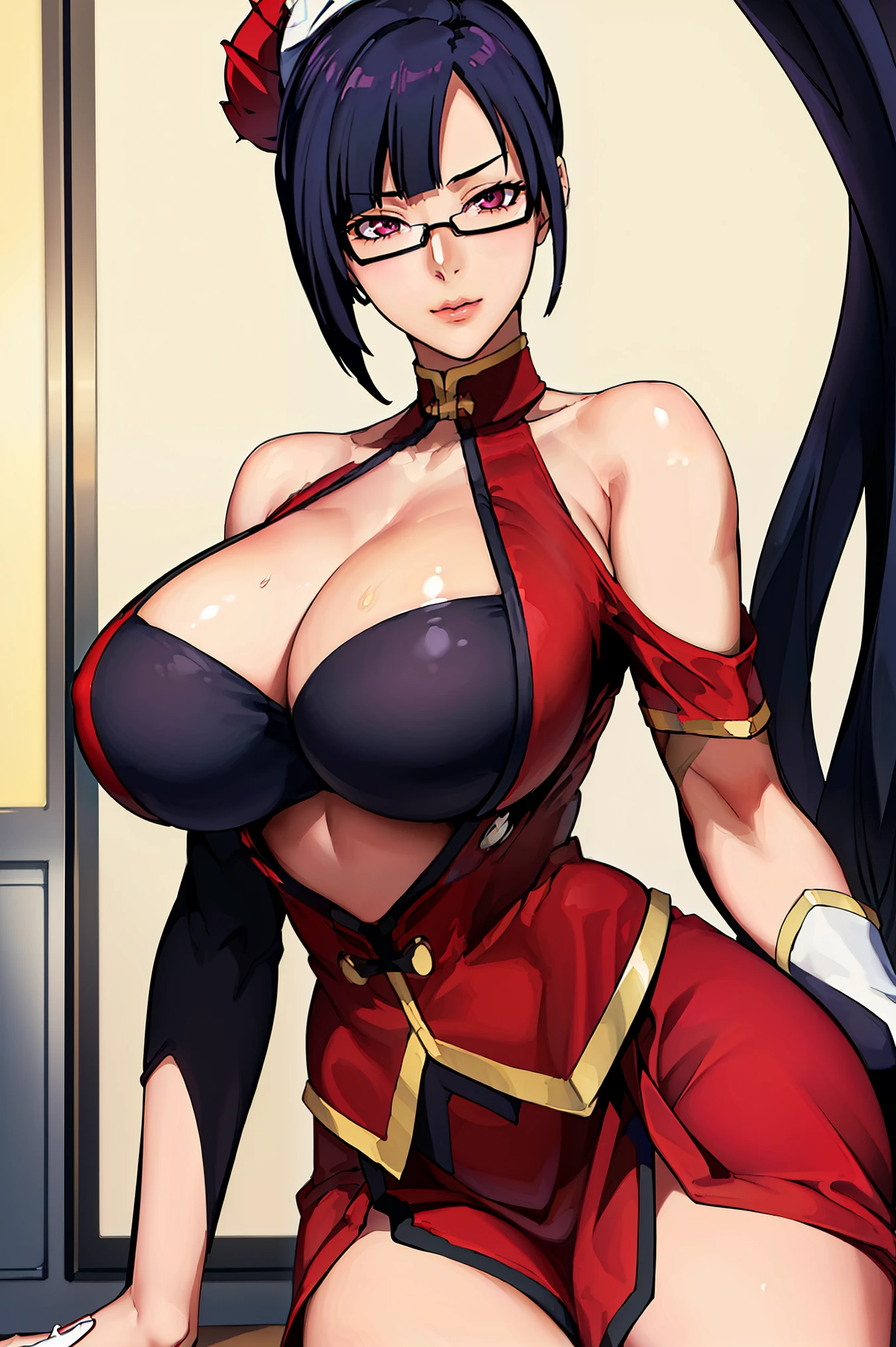 very tempting pose, (at nurse room), (nurse room background), Red dress, chinese clothes, cleavage cutout, clothing cutout, bare shoulders, semi-rimless eyewear, black hair, pink lips, very long hair, ponytail,Bangs,purple eyes, 1 girl, 20yo,Young female,Beautiful Finger,Beautiful long legs,Beautiful body, Beautiful Nose,Beautiful character design, perfect eyes, perfect face,expressive eyes, perfect balance, looking at viewer,(Focus on her face), official art,extremely detailed CG unity 8k wallpaper, perfect lighting,Colorful, Bright_Front_face_Lighting,White skin, (masterpiece:1.0),(best_quality:1.0), ultra high res,4K,ultra-detailed, photography, 8K, HDR, highres, absurdres:1.2, Kodak portra 400, film grain, blurry background, bokeh:1.2, lens flare, (vibrant_color:1.2),professional photograph, (Beautiful,huge_Breasts:1.4), (beautiful_face:1.5),(narrow_waist)
