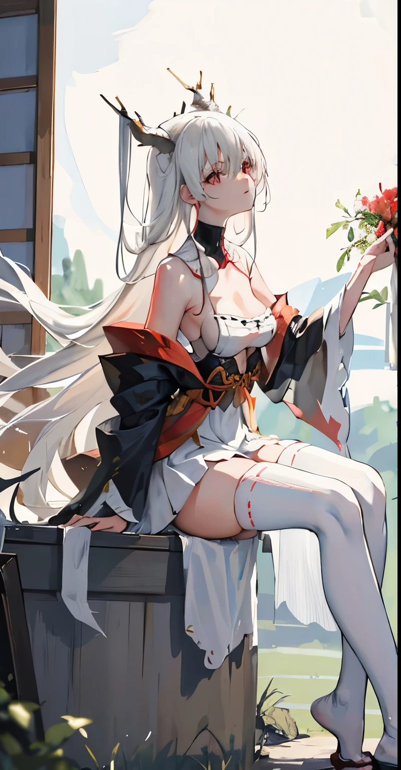 ((Masterpiece)), (A high resolution), (Best quality), (Ultra-detailed), (illustration), Original, Extremely detailed 8k wallpaper, ((1girll)), (An extremely delicate and beautiful), forest, Sunlight, Light particles,Cute, ((Disheveled hair)), Very long light white hair, Red eyes, Bare shoulders ,delicate leg, Black skirt , horns from head,looking at viewert,Sitting,From the side Side, little breast, shimanto, white stockings, white underwear, Japanese cloth,