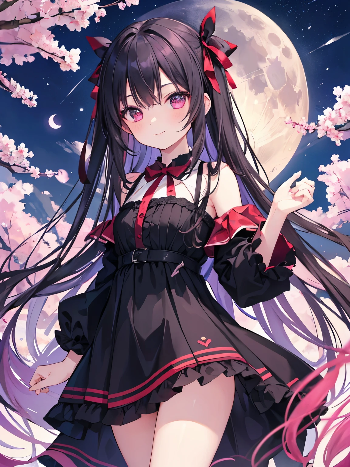 masterpiece, highest quality, be familiar with, 1 girl, alone, night sky, outdoors, full moon, performer, cloud, night,, dark cherry blossoms, (black dress), long hair, evil smile, red ribbon, striped, thighs