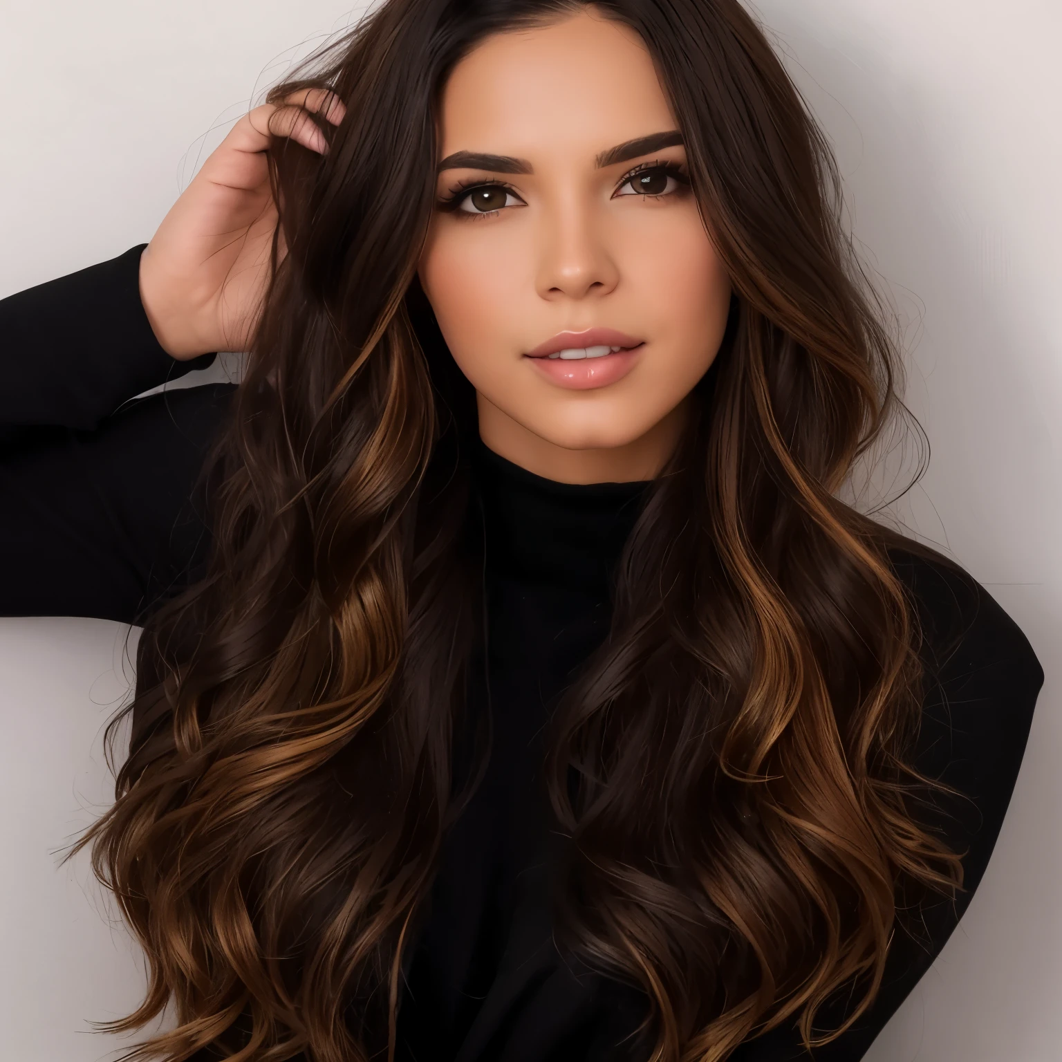 arafed woman with long brown hair and black turtleneck posing for a picture, long wavy brunette hair, long brown wavy hair, long wavy brown hair, inspired by Gina Pellón, long bronze brown hair, brown wavy hair, brown colored long hair, long wavy dark hair, long brunette hair, long coffee brown hair, long flowing brown hair