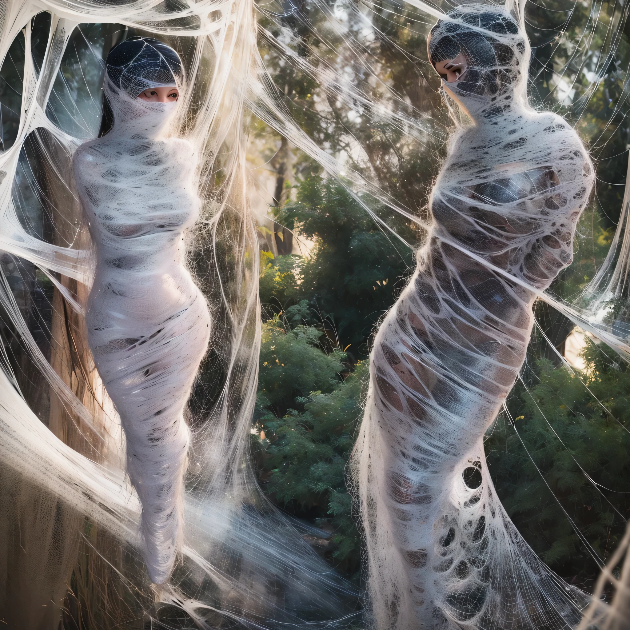 a girl entangled in the spider web, struggle, detailed classroom, (cocoon:1.3), spider web, hanging, spider in the web, spider