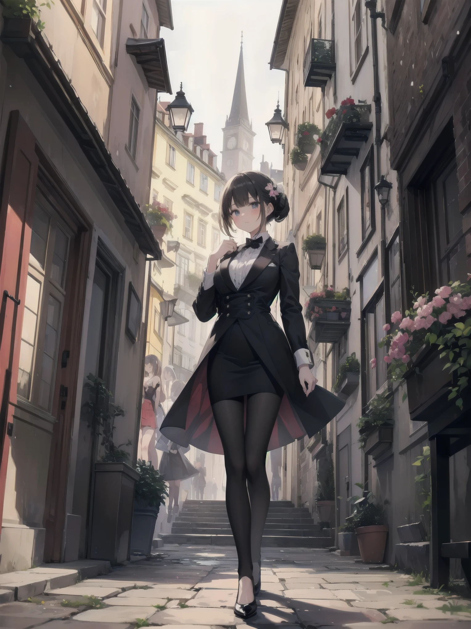 Against the backdrop of Vienna in 1920、A neat and beautiful marquis' daughter appears.。She wears the formal attire of an aristocrat、Its elegant costumes reflect the highest fashion of the time.。Focusing on her walking on a cobblestone road、The surrounding area is surrounded by a fantastically beautiful cityscape.。The cobblestone road、shine with her steps、delicate flowers around her々Blooming profusely、Creates a vibrant atmosphere。This illustration、The atmosphere of Vienna in the 1920s、It captures the pure beauty of a young marquis' daughter.。
