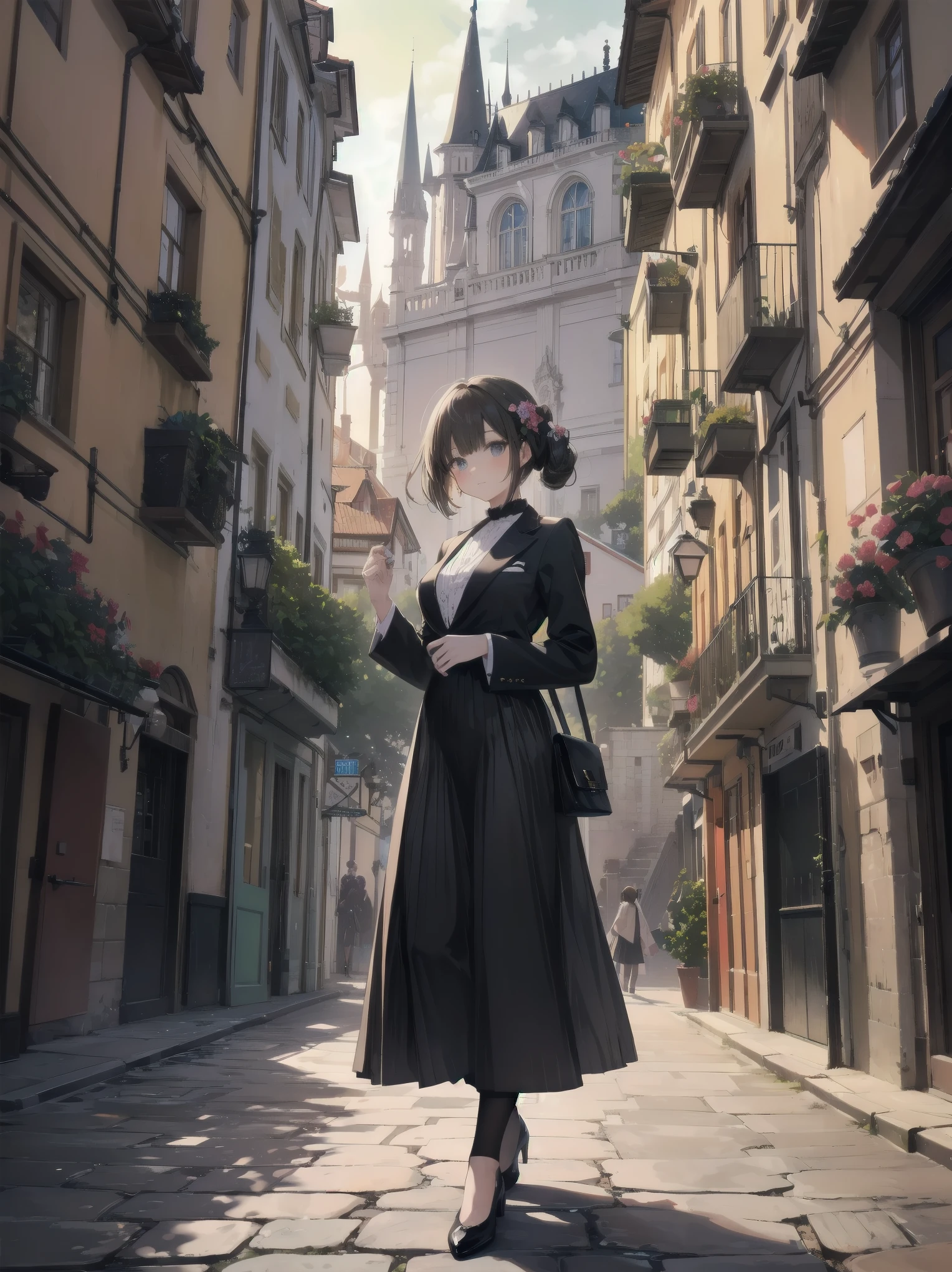 Against the backdrop of Vienna in 1920、A neat and beautiful marquis&#39; daughter appears.。She wears the formal attire of an aristocrat、Its elegant costumes reflect the highest fashion of the time.。Focusing on her walking on a cobblestone road、The surrounding area is surrounded by a fantastically beautiful cityscape.。The cobblestone road、shine with her steps、delicate flowers around her々Blooming profusely、Creates a vibrant atmosphere。This illustration、The atmosphere of Vienna in the 1920s、It captures the pure beauty of a young marquis&#39; daughter.。