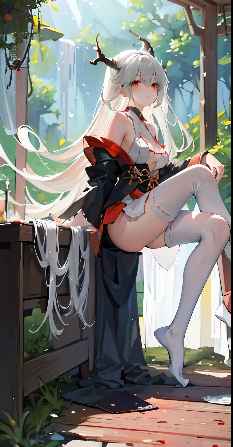 ((Masterpiece)), (A high resolution), (Best quality), (Ultra-detailed), (illustration), Original, Extremely detailed 8k wallpaper, ((1girll)), (An extremely delicate and beautiful), forest, Sunlight, Light particles, ,Cute, ((Disheveled hair)), Very long light white hair, Red eyes, Bare shoulders ,delicate leg, Black skirt , horns from head,looking at viewert,Sitting,From the side Side, little breast, shimanto, white stockings, white underwear, Japanese cloth,