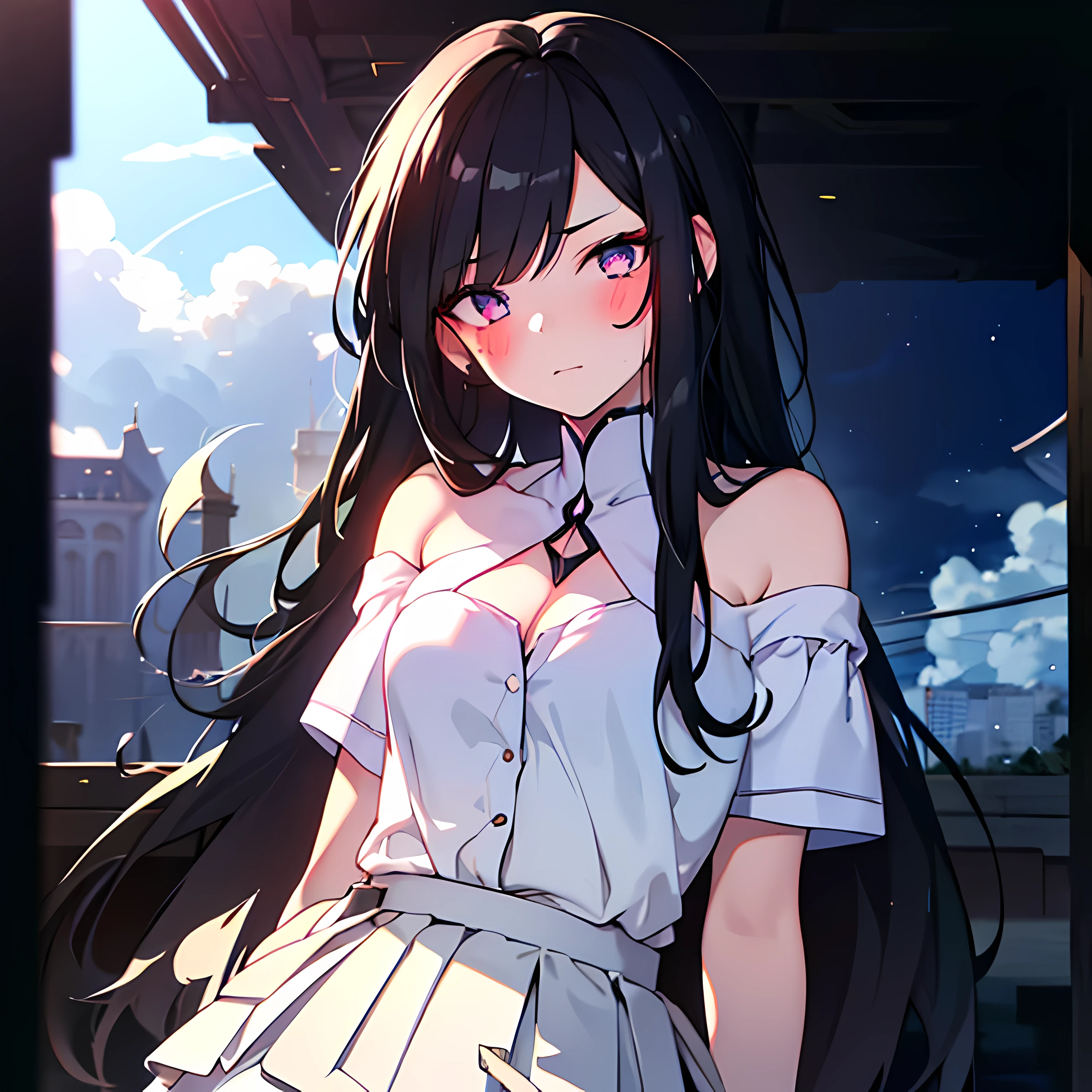 {{{{Masterpiece, Extremely detailed, Intricate details, Soft focus, 8K, A high resolution, Depth of field, absurderes, high quality facial shadowing, dynamic shadowing, extreme shaders, Cinematic lighting, Perfect lighting, Soft lighting, Hazy lighting, blurryforeground, Lens flare}}}}, Best quality, asian qualities, {Front view}, (Solo:1.2), (Beautiful young girl:1.3), High school girl, {{{Extremely detailed girl, Perfect ???????, Perfect body}}},(beautifully detailed hair:1.3), (Hollow black hair:1.3), Luscious waist-length hair, (multi-layered hair:1.5), (hair splayed out:1.2), beautiful-detailed facial structure, Detailed beautiful face:1.3, Sexy face, A grim face, slender facial structure, (Detailed face:1.33), Big eyes, (Detailed glowing eyes:1.1), luminous red eyes, (Detailed facial expressions:1.1), Shy, detailed-slight red blush, (detailed :1.2), Small size chest, (Slim waist:1.1), (Slim legs:1.1), The stands up, (Plain white button school T-shirt skirt:1.2), (A delicate plain white skirt:1.4), (detailed pure white socks:1.4)，cleavage，natta，solo，nigh sky，exteriors，themoon，As estrelas，​​clouds，ventania