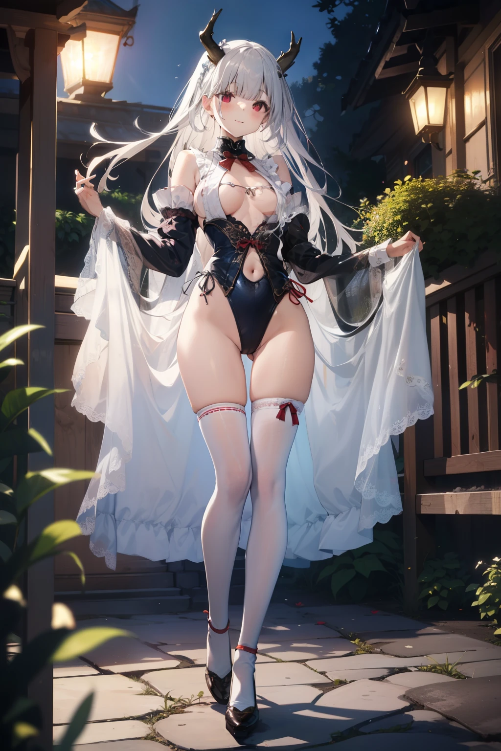 Beautiful illustration、top-quality、cute petit girl、(transform sequence)、Beautiful maid clothes、((brilliant leotard))、20year old、elementary student、Slender beautiful girl、Fractal Art、baby-face、Silver Straight Long Hair、beautiful detailed blue eyes、kindly smile、Full Body Display、Western-style garden、(1 persons)、long-sleeve、Bright, beautiful sunny garden、(knee high socks)、is standing、(highleg)、You can see the chest, horns from head, white hair, long hair, white underwear, white stockings, red eyes, shimanto, slender legs,