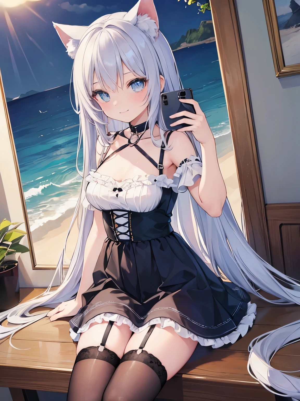 8K, Super detailed, wallpaper, masterpiece, {{{{Highest quality}}}}, beautiful,1 girl, long_hair(Same color as the sea), cat ears(Same color as the sea), cat tail(Same color as the sea), frilled choker、miniskirt_dress, bare_shoulders, garter belt,garter straps, {{{seductive smile}}}, selfee、self-taken picture、taking a picture of oneself, self_shot