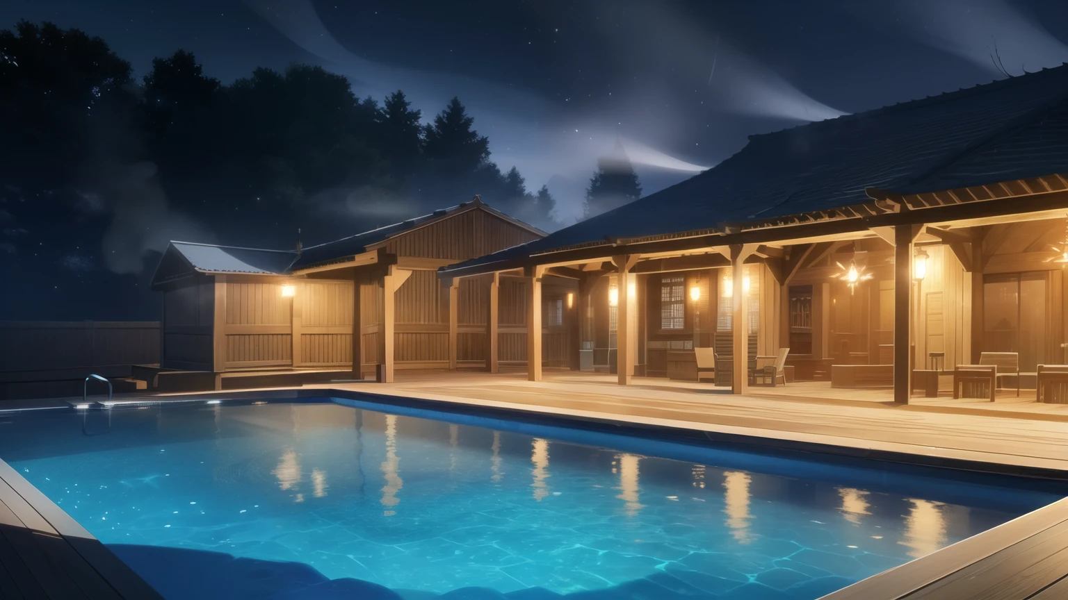(masterpiece), (best quality), (ultra-detailed), (best illustration), (best shadow), large outdoor wooden thermal, (lots of smoke), night, lights, (beautiful lights effects), (crystallized pool)