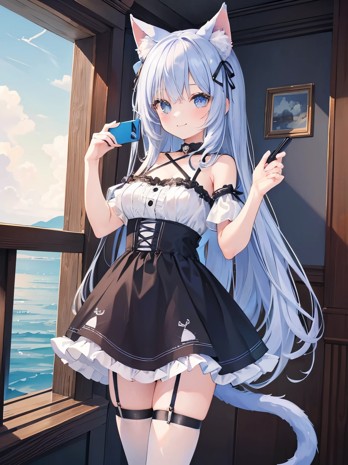 8K, Super detailed, wallpaper, masterpiece, {{{{Highest quality}}}}, beautiful,1 girl, long_hair(Same color as the sea), cat ears(Same color as the sea), cat tail(Same color as the sea), frilled choker、miniskirt_dress, bare_shoulders, garter belt,garter straps, {{{seductive smile}}}, selfee、self-taken picture、taking a picture of oneself, self_shot