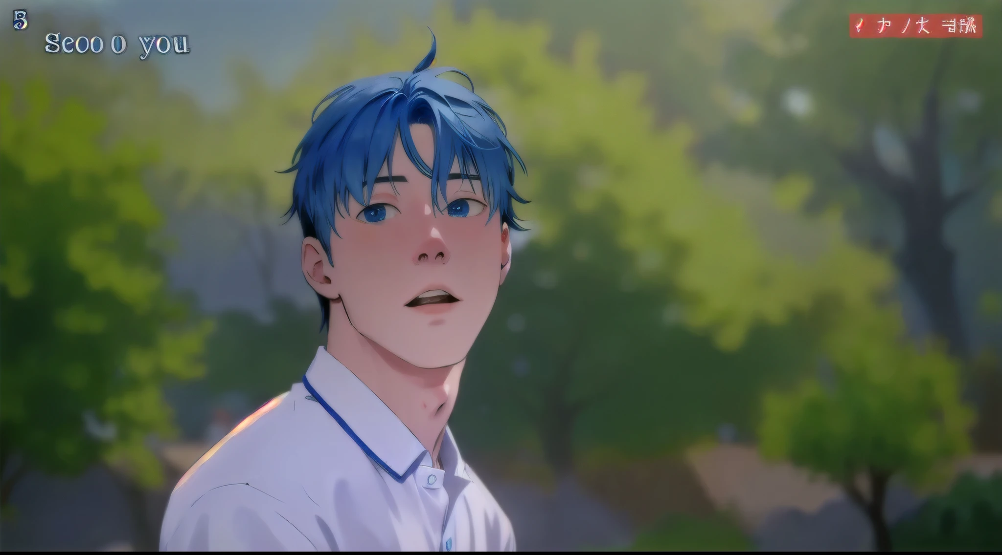 15 year old boy blue hair blue eyes amazed somewhat scared