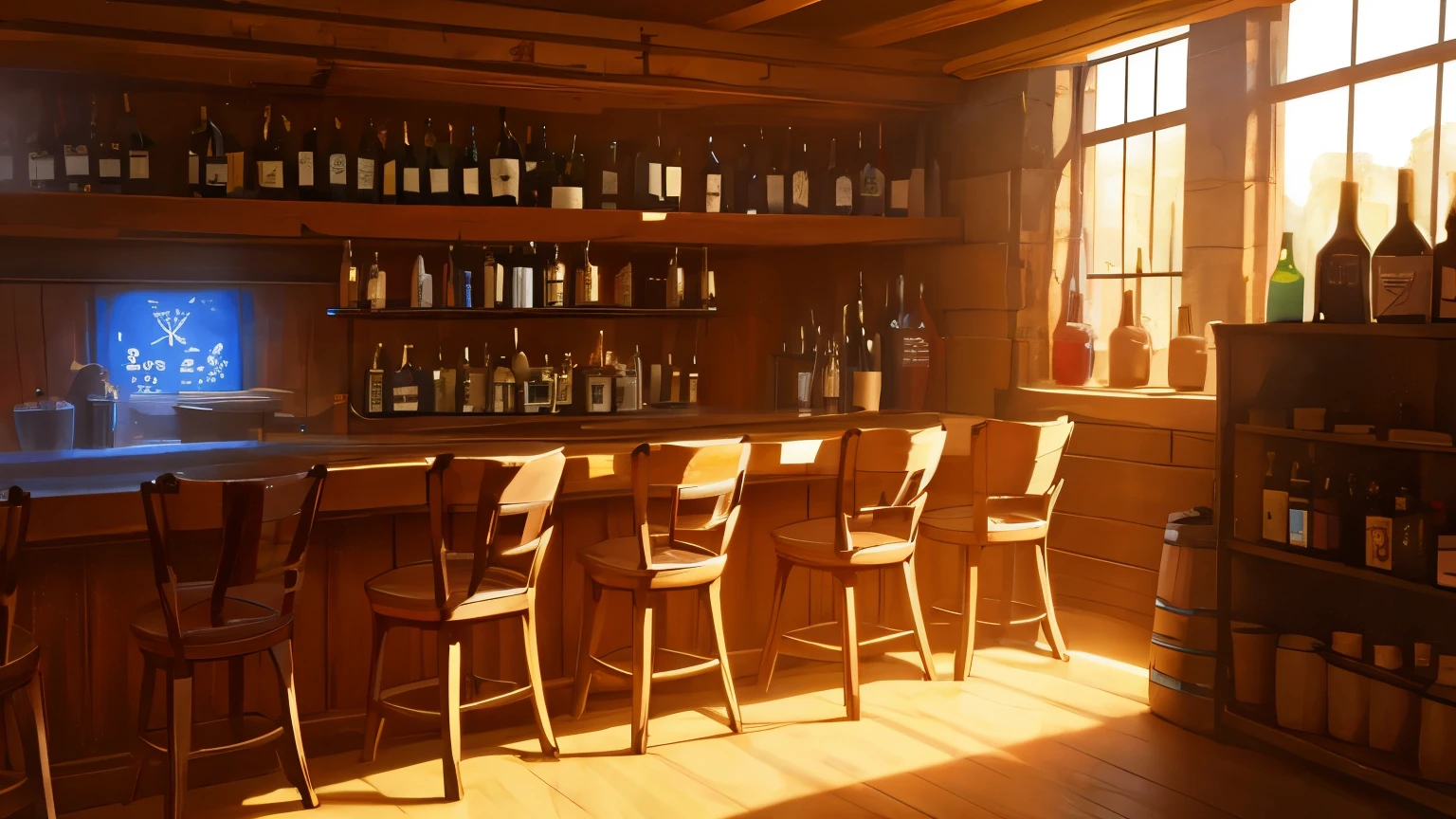 visual novel background, fantasy tavern pub, chairs and tables, sunlight streaming in through windows, wine and ale barrels, extremely detailed, high quality