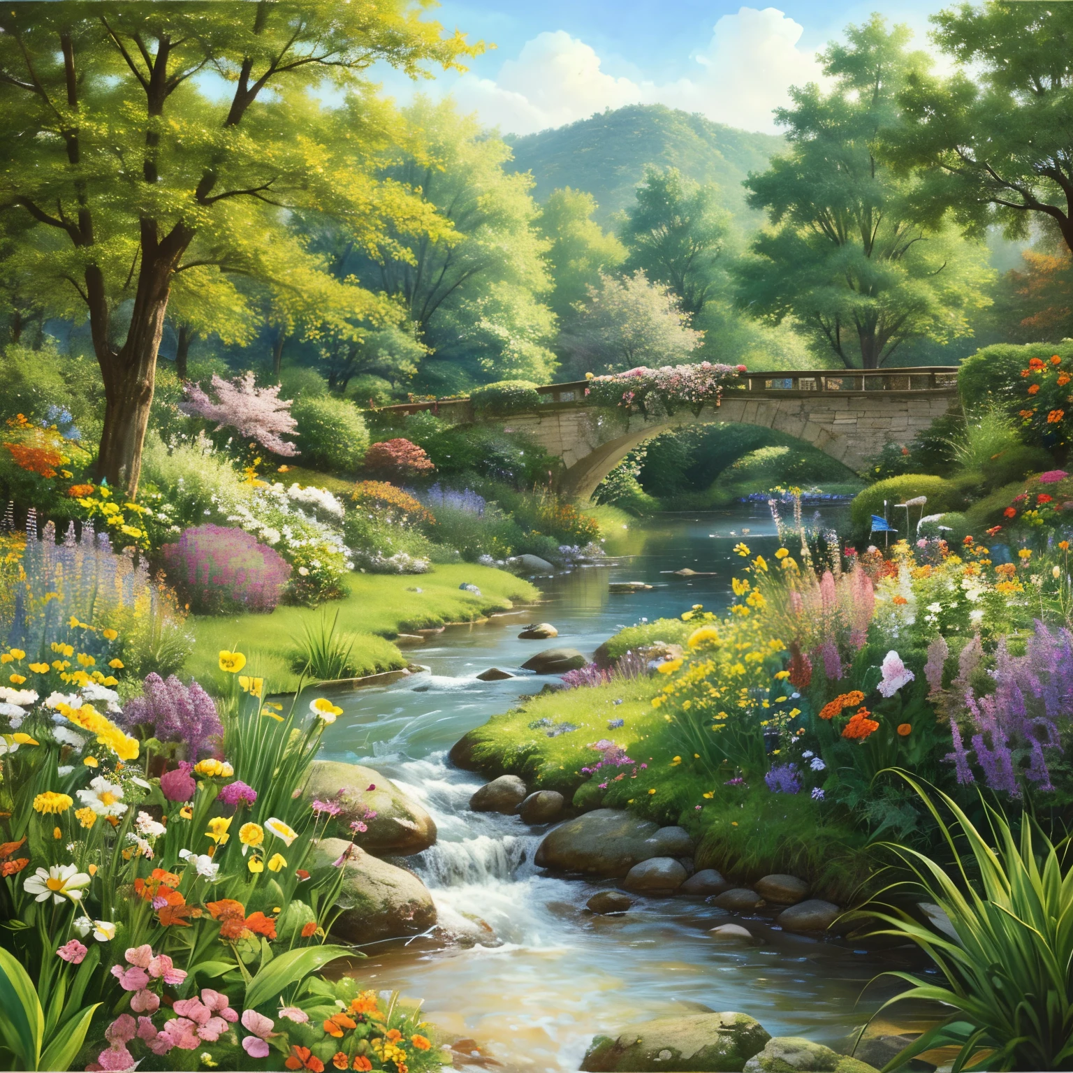 We explored the forest together.。They found a beautiful flower garden and a small river.。,Picture book artist style