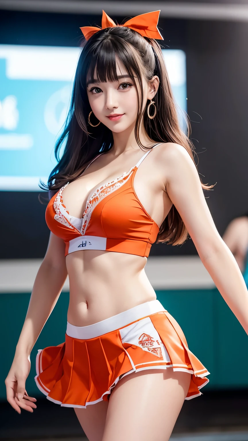 (8k, RAW photo, highest quality, masterpiece: 1.2), Super detailed, super resolution, (genuine, genuine photos: 1.37), portrait, High-definition RAW color photo, professional photos, 非常に詳細で美new, very detailed, 8k wallpaper, amazing details, huge file size, official art, very detailed CG Unity 8k wallpaper, very detailed beautiful girls, very detailed facesHighly detailed eyes, Very fine skin, very detailed fingers, very small nose, very detailed detailed mouth, perfect anatomy, detailed background, fine clothes,20th generation, cute girl, genuineistic body, white skin, glowing skin, (dull bangs: 1.2), smile, cute, like々new, cute face, genuineistic face, delicate eyes, sagging eyes, (Super miniskirt cheerleader costume 1.2), earrings, looking at camera, dynamic lighting, G cup breasts,big breasts、(Panty Shot 1.2)、(Baseball field 1.2)、(dynamic dance pose 1.2)、(With cleavage 1.2)、(colorful costume 1.2)