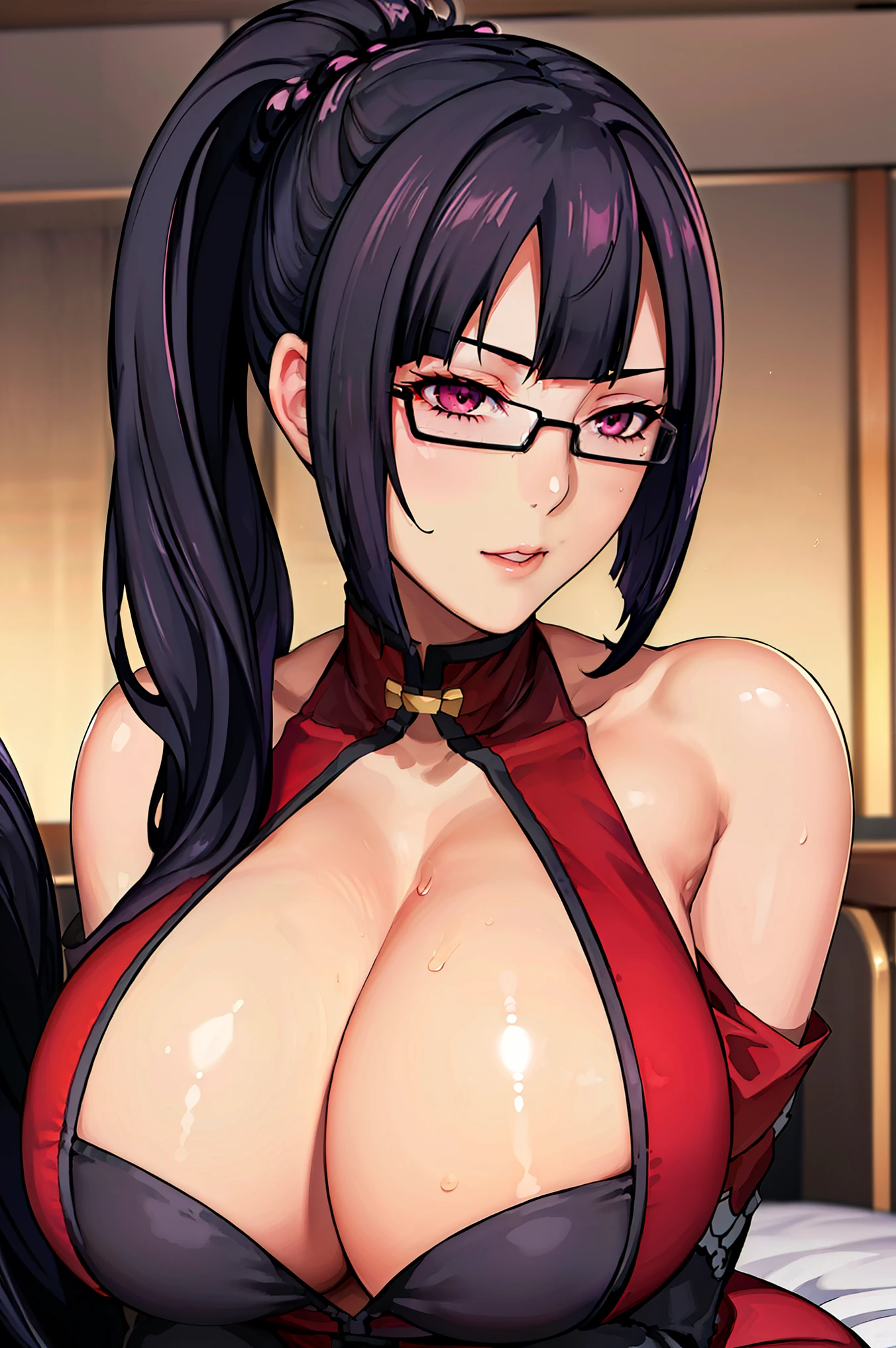 very tempting pose, (at school medical room), (school medical room background), Red dress, chinese clothes, cleavage cutout, clothing cutout, bare shoulders, semi-rimless eyewear, black hair, pink lips, very long hair, ponytail,Bangs,purple eyes, 1 girl, 20yo,Young female,Beautiful Finger,Beautiful long legs,Beautiful body, Beautiful Nose,Beautiful character design, perfect eyes, perfect face,expressive eyes, perfect balance, looking at viewer,(Focus on her face), official art,extremely detailed CG unity 8k wallpaper, perfect lighting,Colorful, Bright_Front_face_Lighting,White skin, (masterpiece:1.0),(best_quality:1.0), ultra high res,4K,ultra-detailed, photography, 8K, HDR, highres, absurdres:1.2, Kodak portra 400, film grain, blurry background, bokeh:1.2, lens flare, (vibrant_color:1.2),professional photograph, (Beautiful,huge_Breasts:1.4), (beautiful_face:1.5),(narrow_waist)