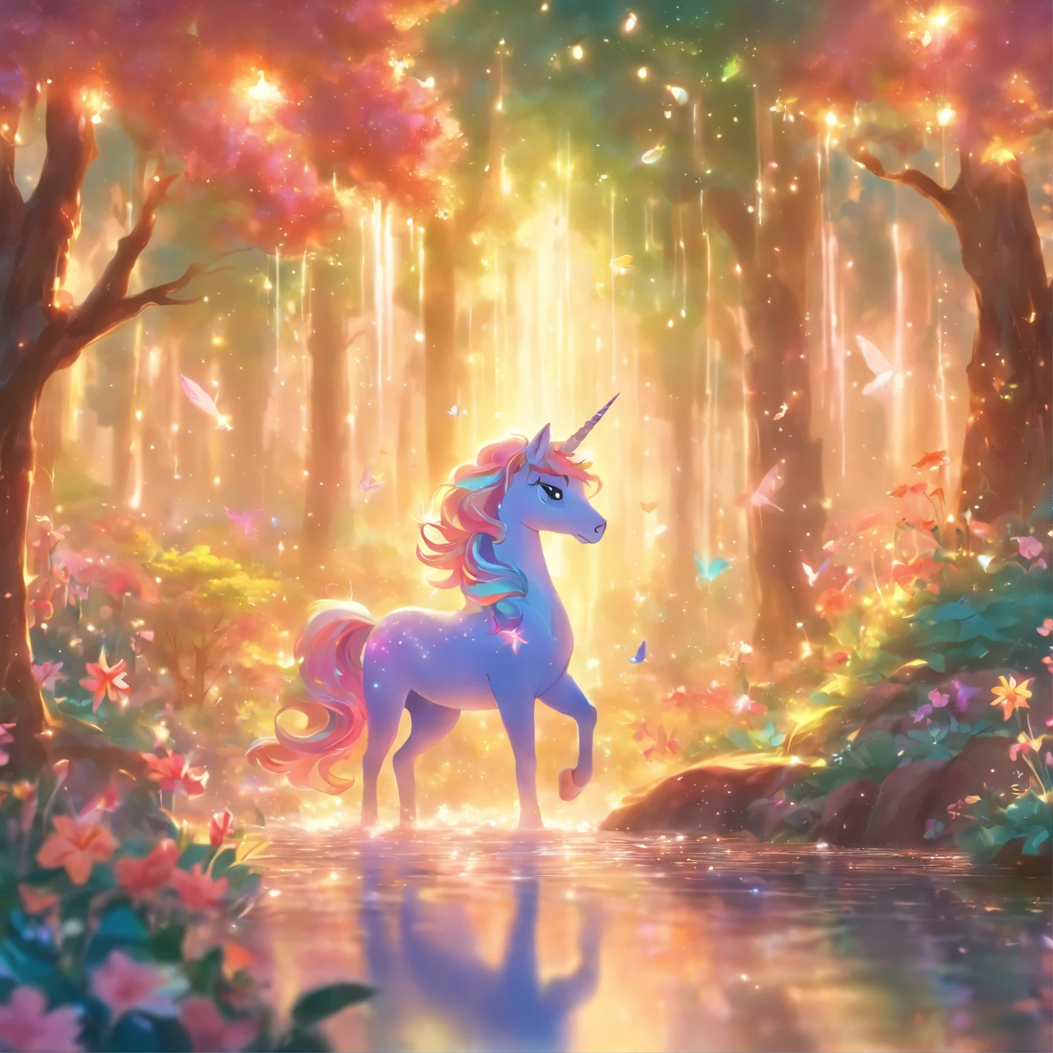 A mythical and magical scene that kids would love, with vibrant colors and a sense of wonder. The main focus is on a majestic unicorn. The unicorn has a radiant, shimmering coat and a graceful, flowing mane. Its horn is glowing with a soft, ethereal light. 
The forest is filled with towering trees, covered in vibrant foliage in different shades of green. Sunlight filters through the branches, casting enchanting patterns on the forest floor. Sparkling fairy dust dances in the air, creating a dreamy atmosphere. 
In the distance, there is a sparkling waterfall, cascading down into a crystal-clear lake. The water shimmers and ripples in the sunlight, reflecting the beauty of the surrounding landscape. Colorful flowers of various shapes and sizes dot the ground, adding a touch of whimsy to the scene. 
Children are drawn to this magical place, their eyes filled with awe and excitement. Their laughter fills the air as they play and explore the enchanting forest. They are dressed in bright, playful clothes, complementing the joyful atmosphere. Some of them are riding the unicorn, their faces beaming with joy and wonder. Others are chasing butterflies or picking petals off the flowers. 
The whole scene is bathed in a warm, golden light, giving it a magical and welcoming ambiance. This beautiful artwork is created with expert craftsmanship and attention to detail, capturing the imagination of both young and old. The high-quality resolution brings out the intricate details, making it a masterpiece for anyone to behold. DETAILED INTRIGUING BACLGROUNF; FOCUS ON BACKGROUND